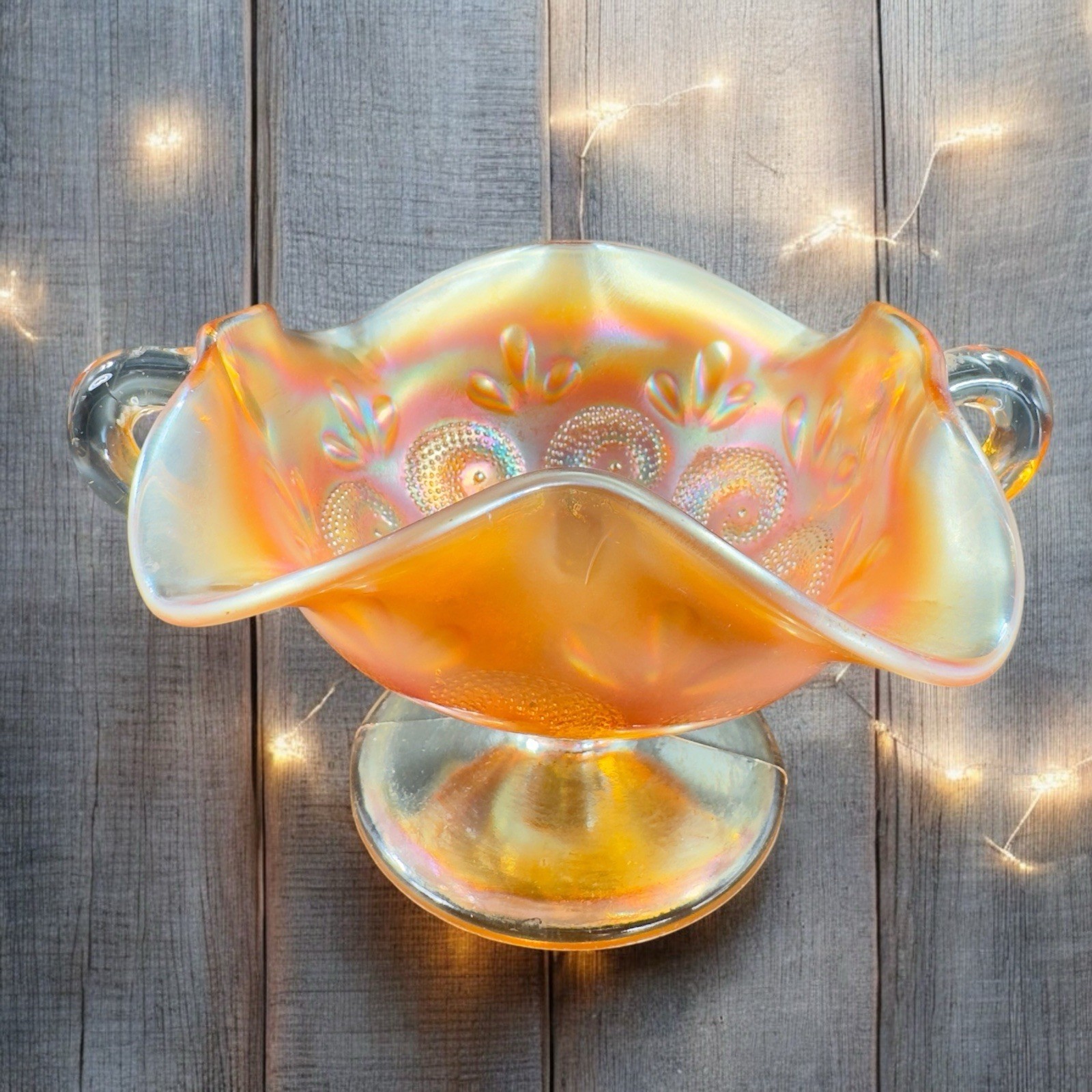 Dugan Glass Iridescent Marigold Bonbon Compote Dish Footed Bowl Glass Vintage Dugan Glass Iridescent Marigold Bonbon Compote Dish Footed Bowl Glass Vintage