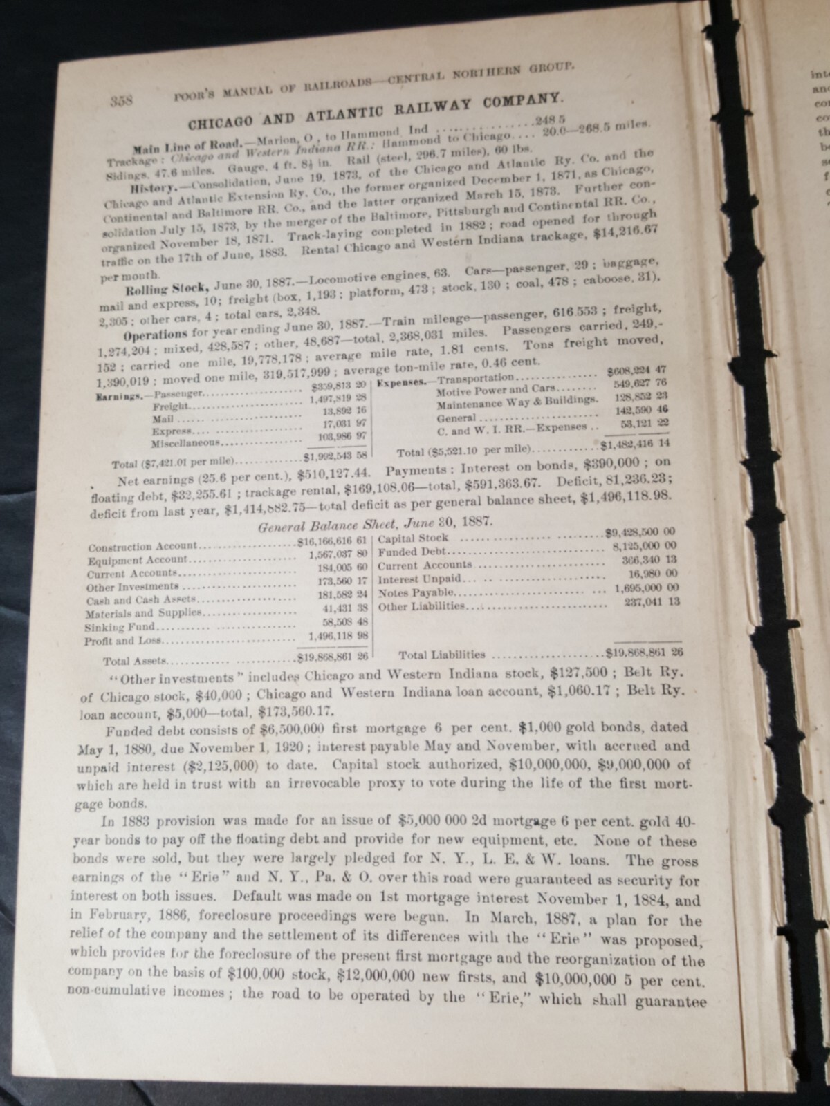 1888 train report CHICAGO & ATLANTIC RAILWAY Marion OHIO Hammond IN railroad 