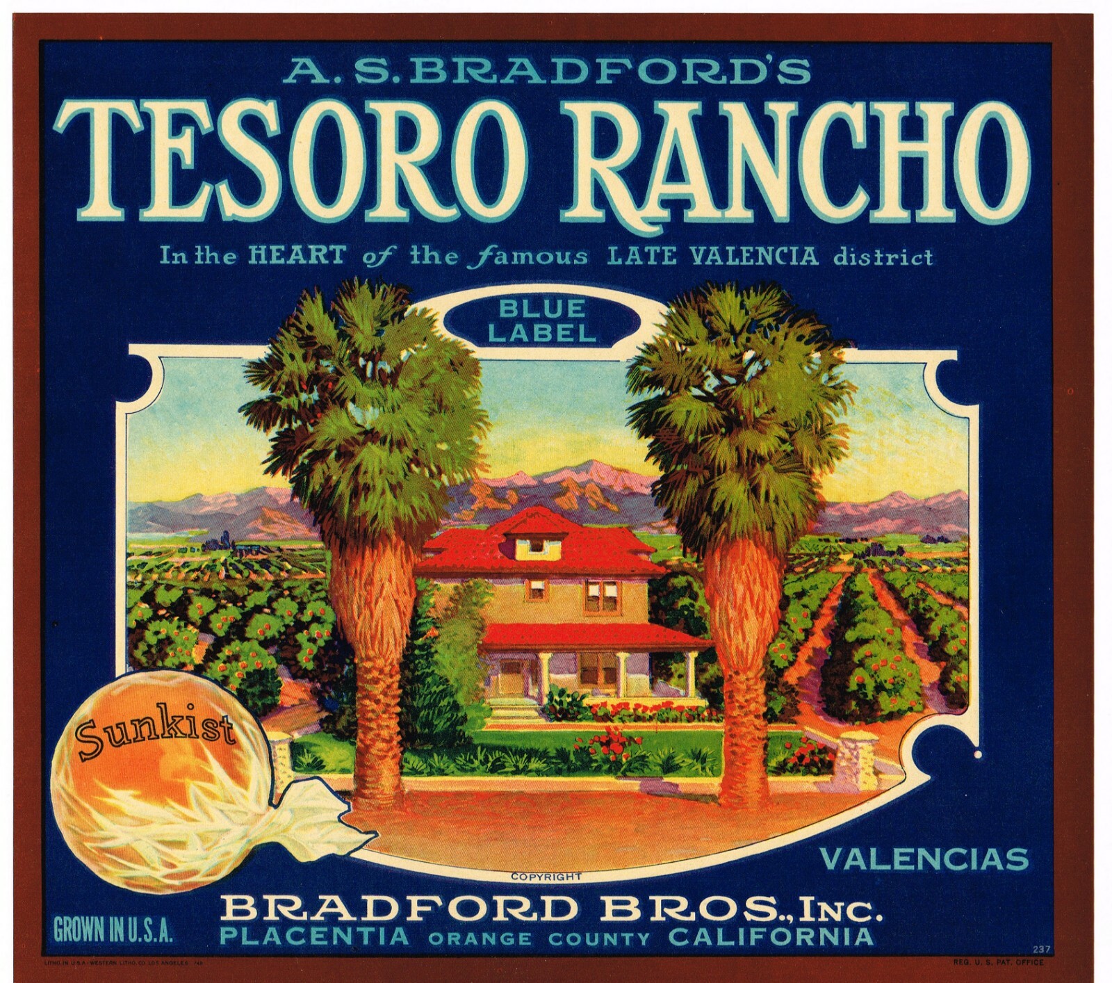 ORIGINAL C1940S RANCHO ORANGE COUNTY CRATE LABEL HACIENDA BUNGALOW PLACENTIA