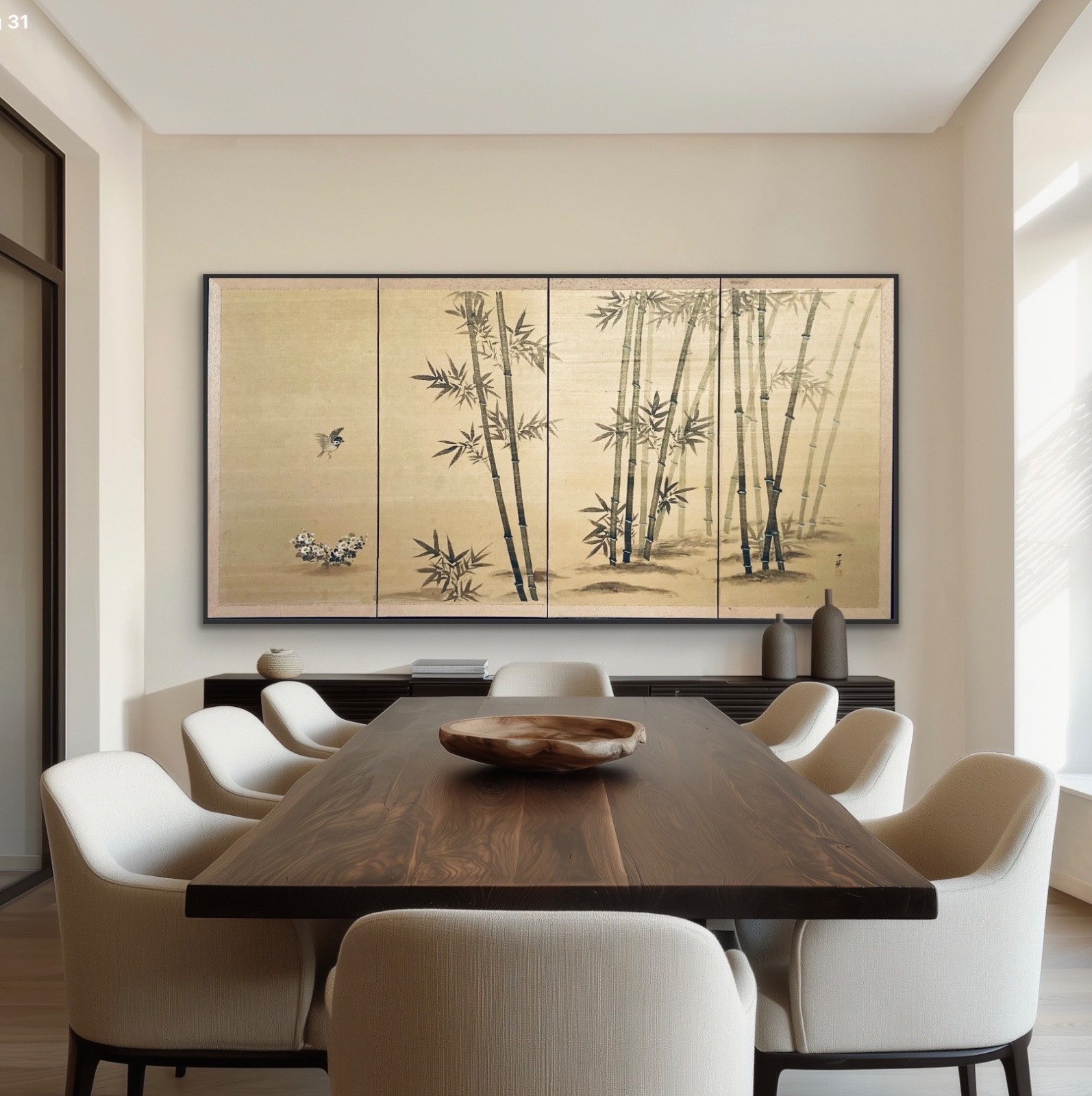Beautiful Vintage Japanese Showa & 4 Panel Byobu Screen Spring Bamboo Landscape