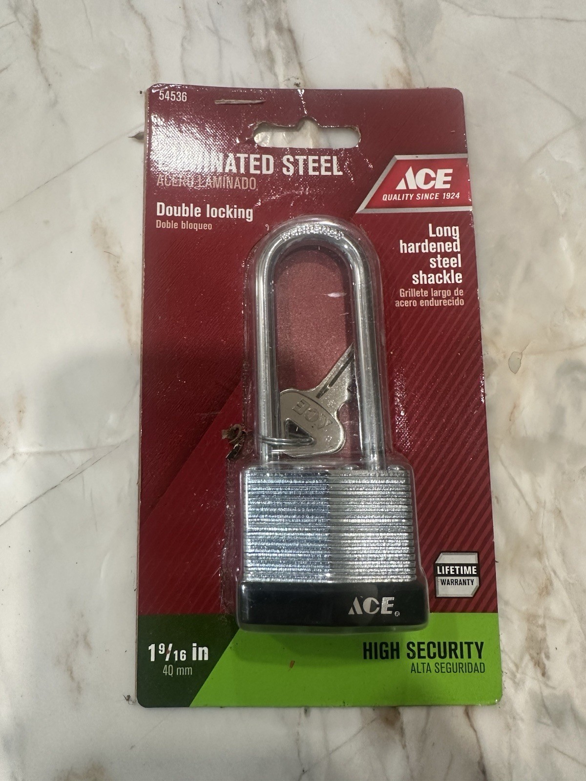 ACE 54536 1-9/16” Laminated Steel Padlock Long Shackle 2 Keys New Sealed