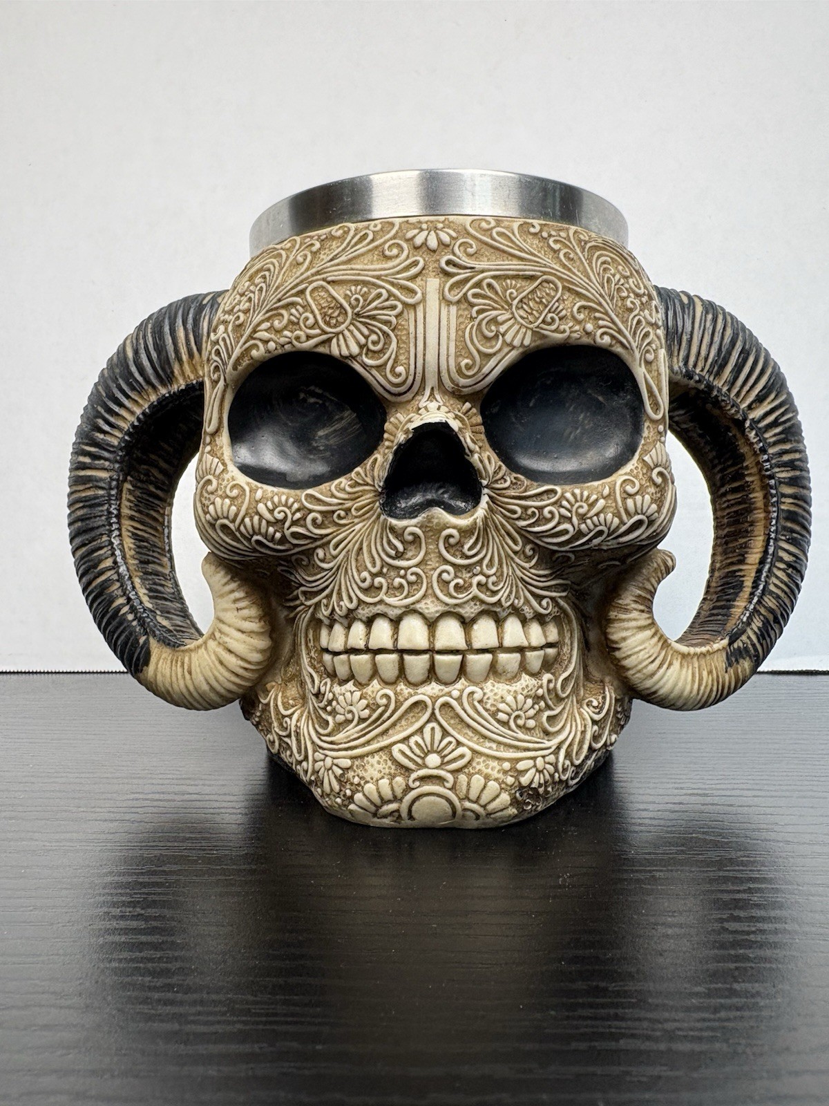 Ebros Ram Horned Skull Mug 13oz Floral Resin Stainless Beer Stein Gothic Horror