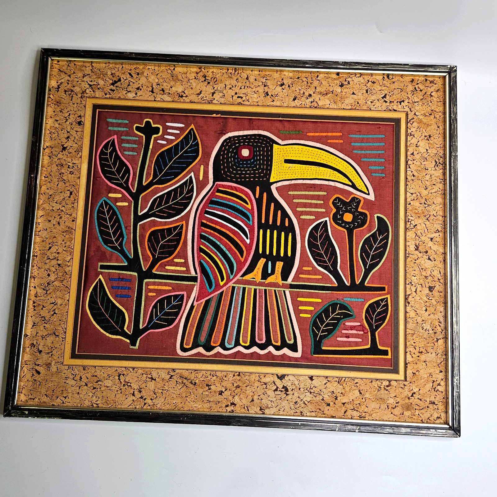 Vintage Kuna Mola Textile Framed Panama Folk Art Colorful Bird Parrot Design