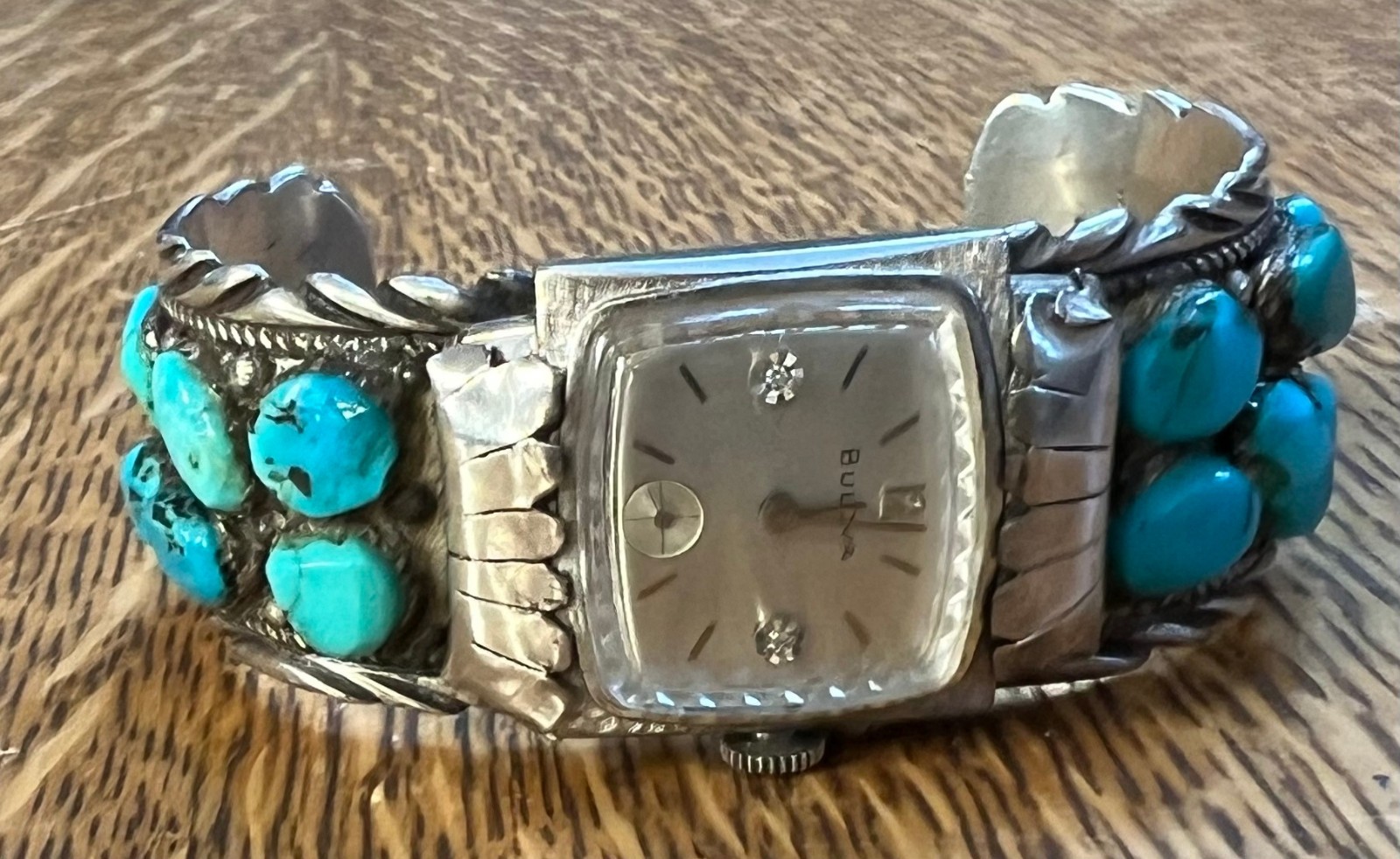 VINTAGE LARGE NATIVE AMERICAN SILVER AND TURQUOISE WATCH BAND EXCELLENT