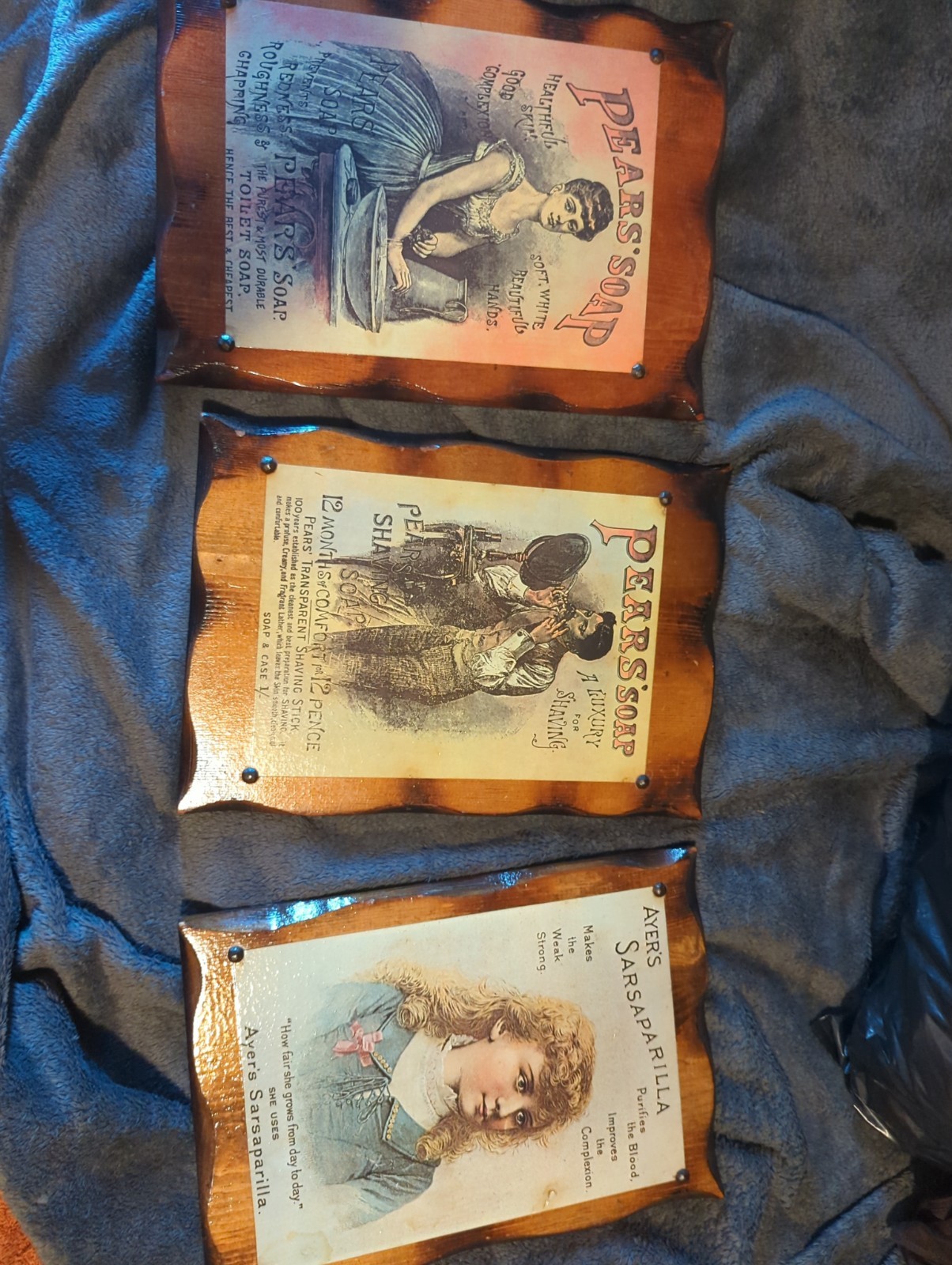 Set of 3 Vintage Style Wood Advertising Plaques Pears Soap Ayer Sarsaparilla