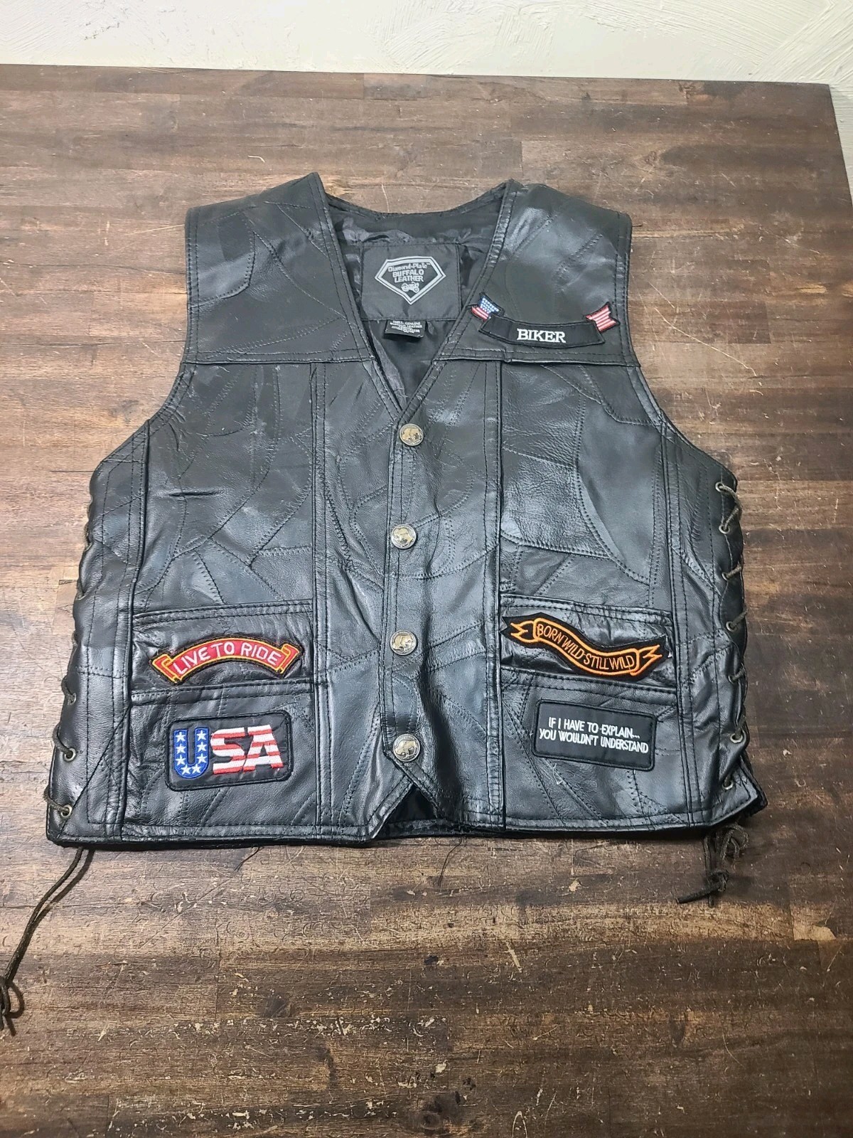 Diamond Plate Buffalo Leather Biker Vest Multi-Patch Live To Ride Lace Up Sz M