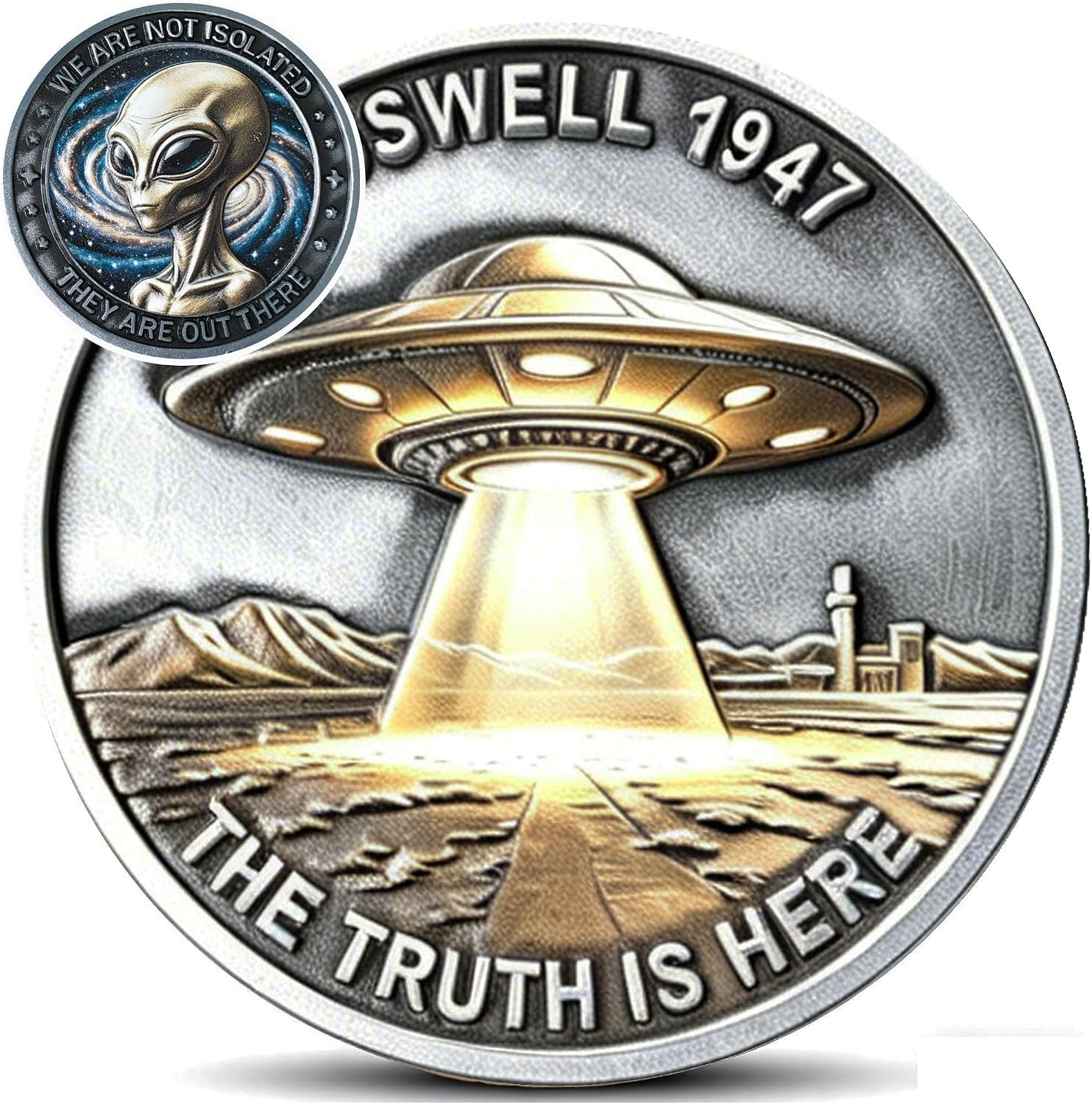 Roswell 1947 High Relief Challenge Coin - 3D Sculpted UFO & Alien Sci-Fi Token,