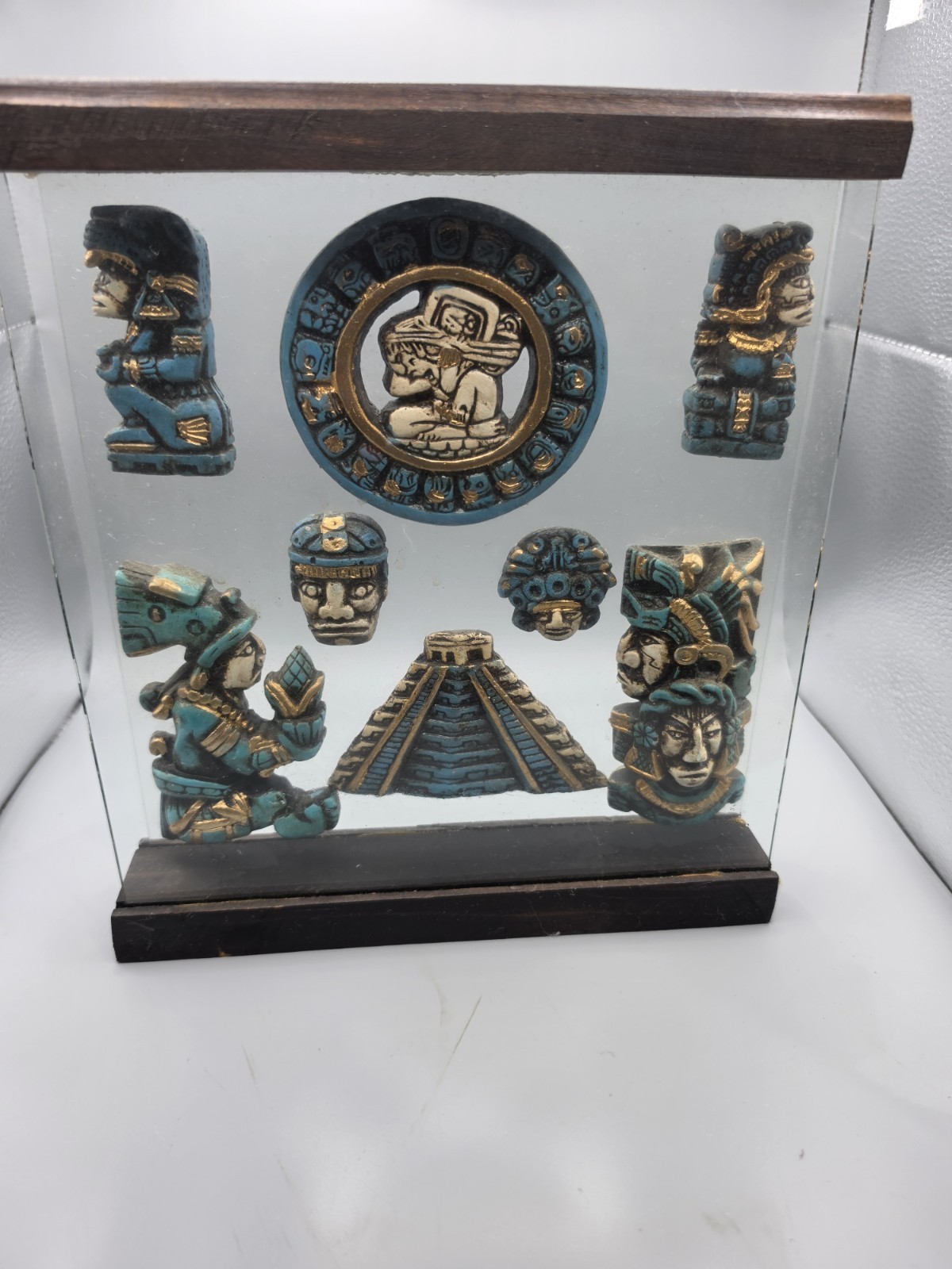 Vintage Aztec Mayan Style 3D Shadow Box Glass Wood Mexican Folk Art Decor