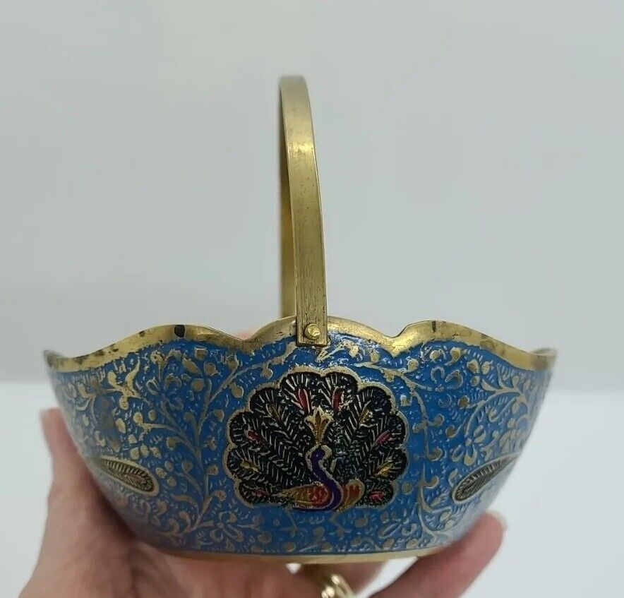 Vintage Ornate Solid Brass Enameled Peacock Basket