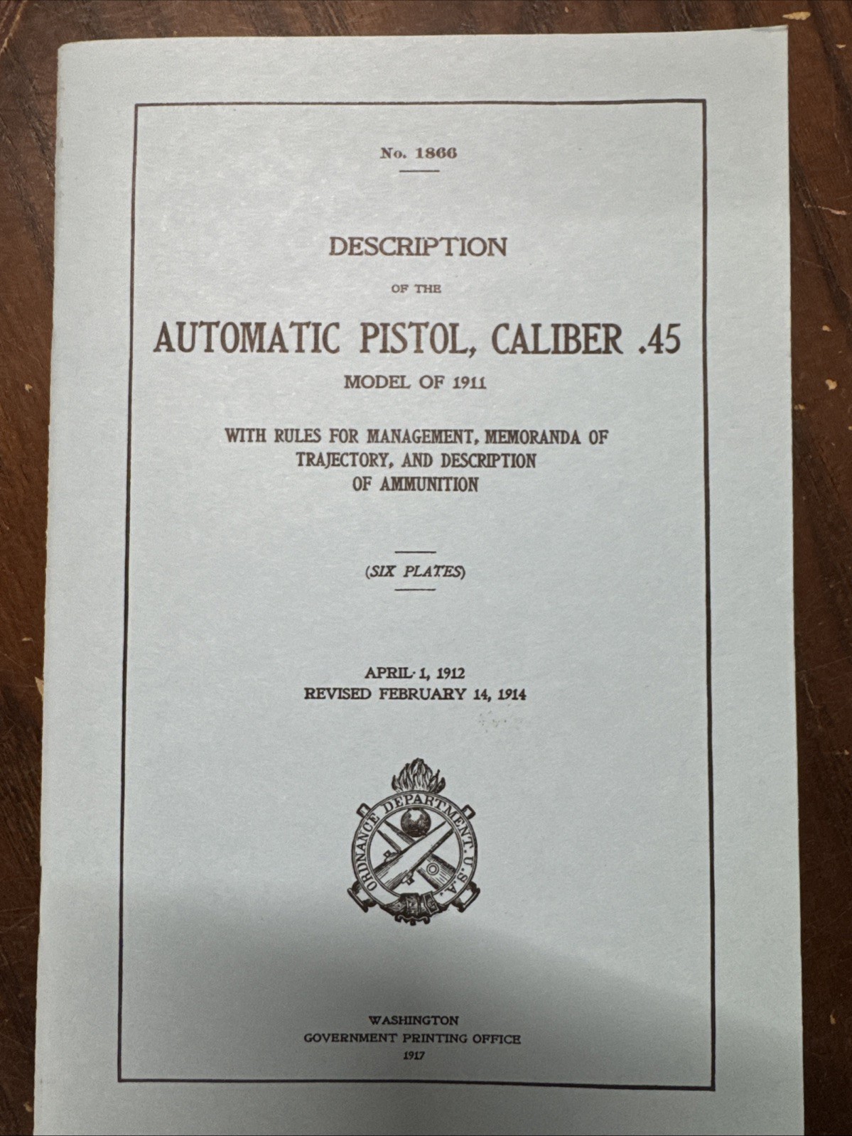 1917 Model 1911 .45 Pistol Historical Reference Reprint Booklet