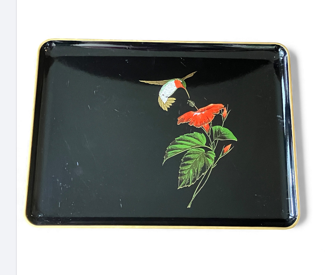 OTAGIRI JAPAN Lacquerware Black Tray HUMMINGBIRD FLOWER Gold Rim 10.5
