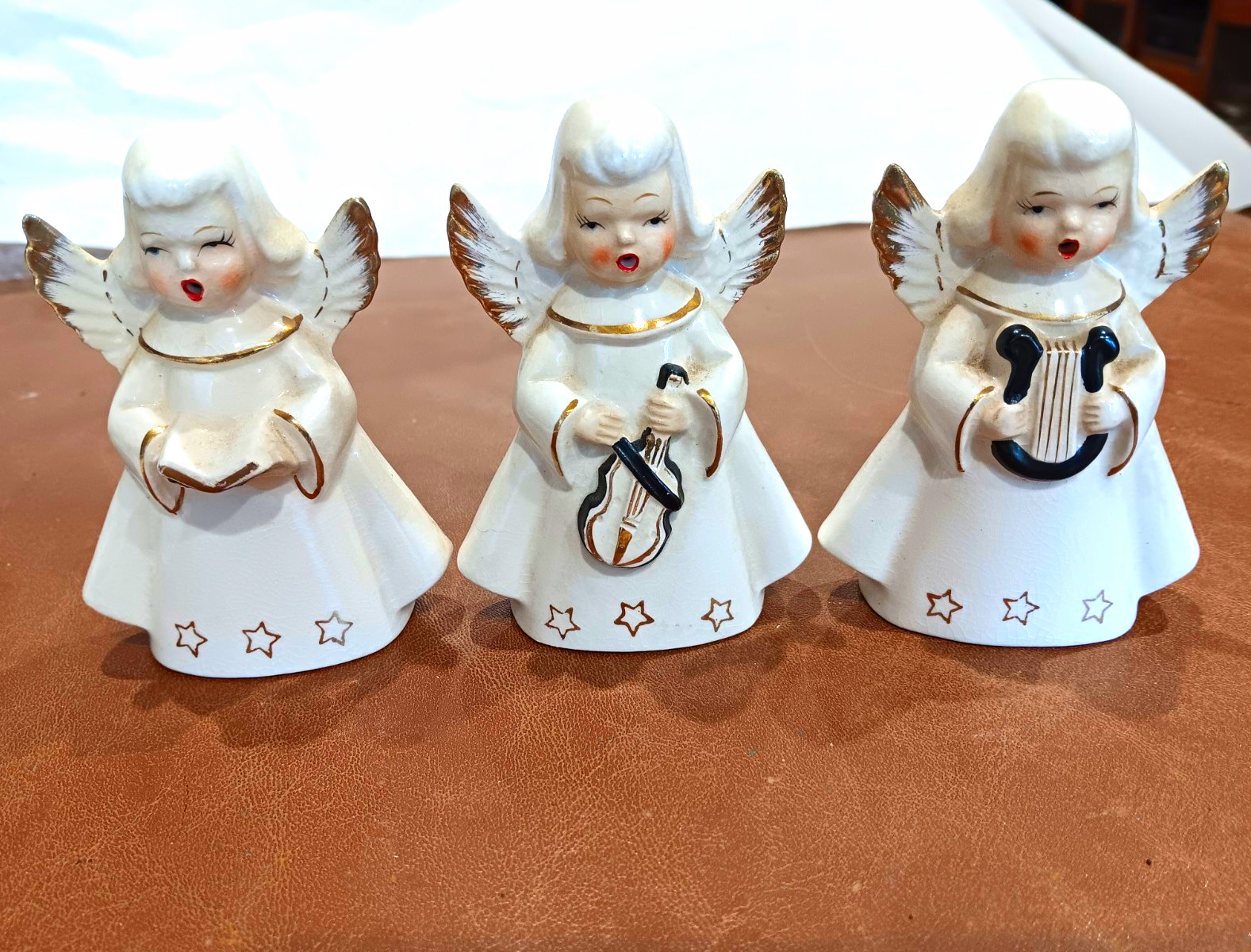Vtg  3 Ucago Porcelain Angel Musical  Instruments Japan Gold Trim Christmas