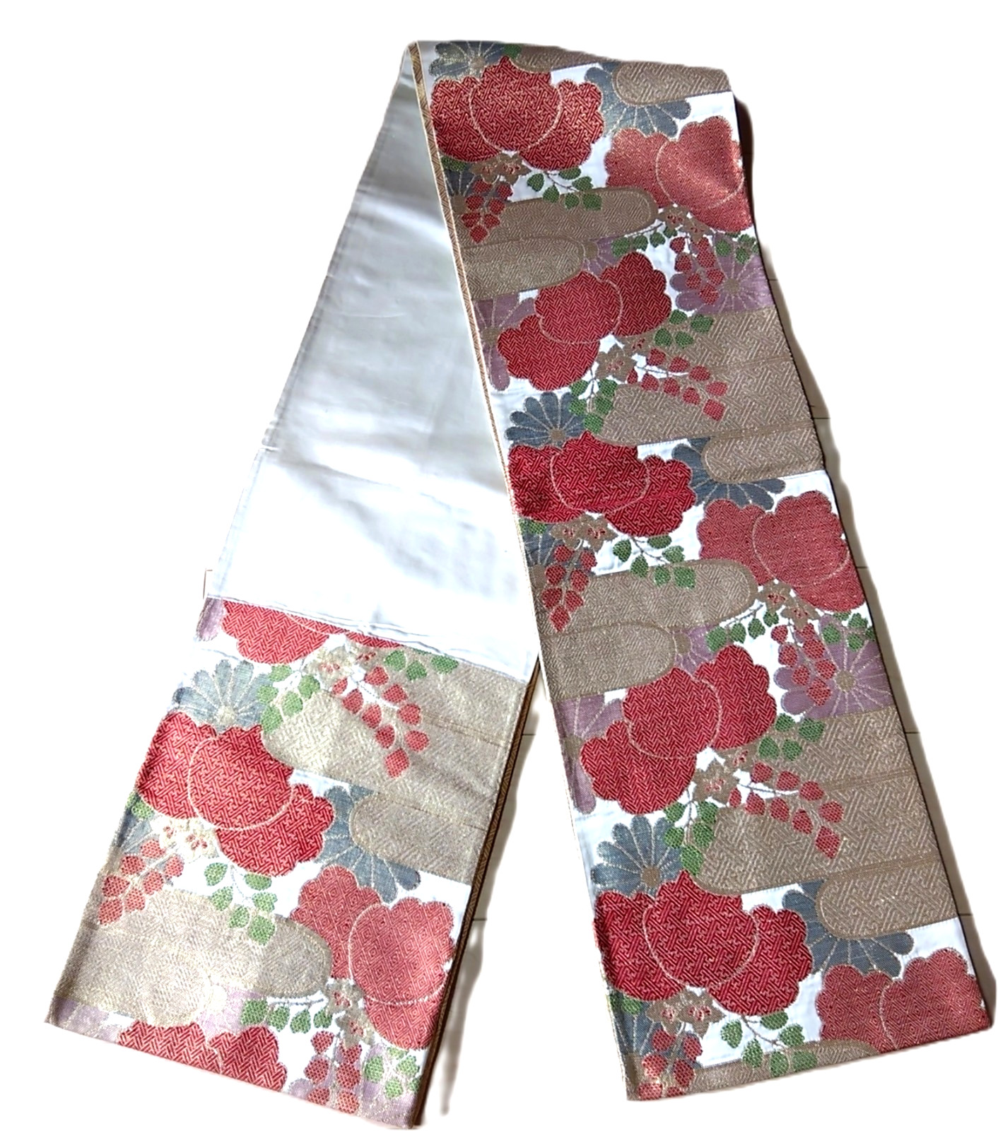 Vintage Japanese Fukuro Obi Gold Brocade Red Floral Design Metallic Thread 400cm