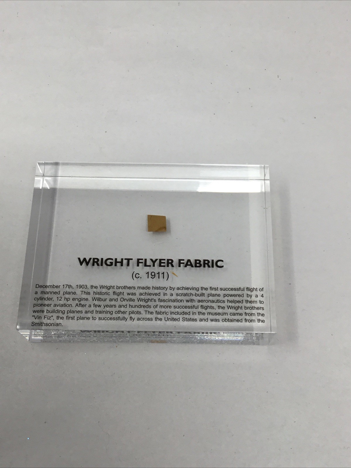 Small Wright Flyer Swatch Fabric c.1911 Encapsulated in a Lucite Acrylic Block Small Wright Flyer Swatch Fabric c.1911 Encapsulated in a Lucite Acrylic Block