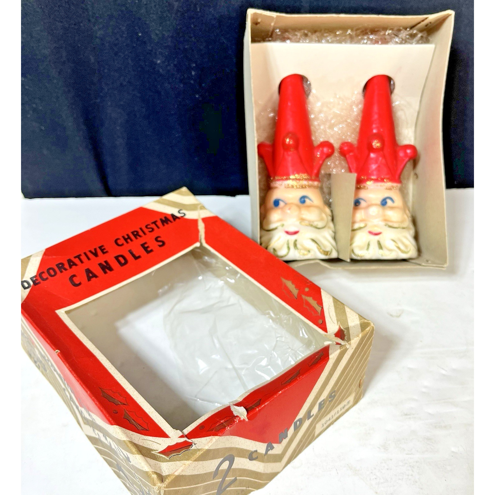 2 Vintage 7 in Tall Santa Claus Crown Kings Jester Set Wax Candles in Box Rare