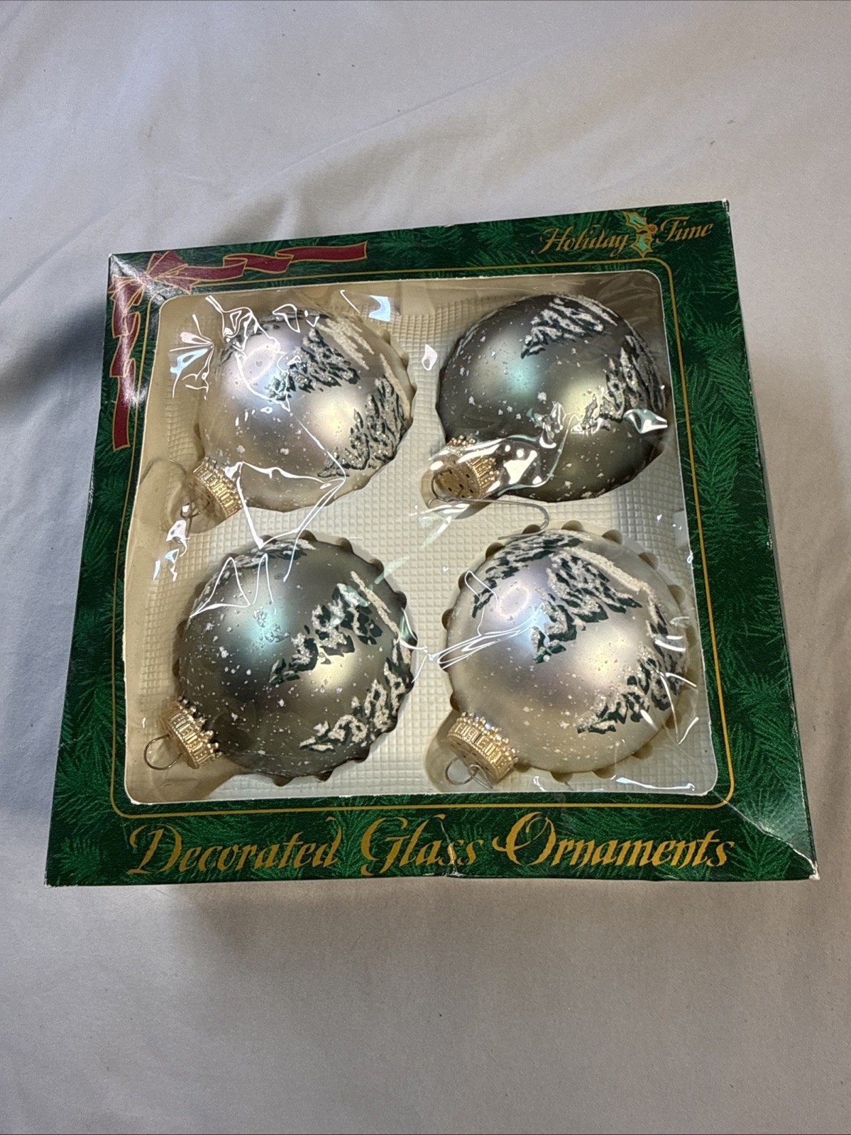 Vintage Holiday Time 4 Glass Christmas Ornaments Silver Frosted With Snow/Trees