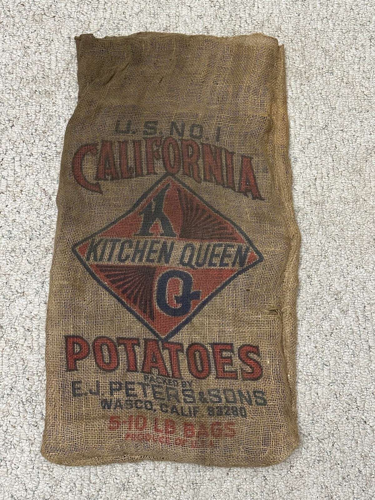 Vintage California Kitchen Queen Potatoes Burlap Sack 5-10 Lb Bags Wasco, CA 8 Vintage California Kitchen Queen Potatoes Burlap Sack 5-10 Lb Bags Wasco, CA 8