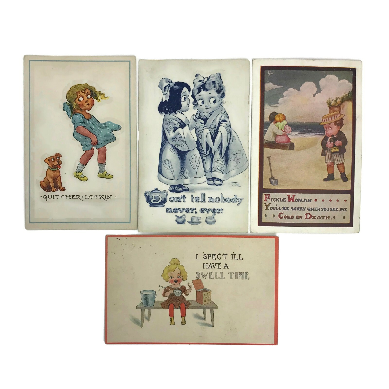 Four Antique Early 1900s Postcards Big Eyed Googly Eye Children Postally Used