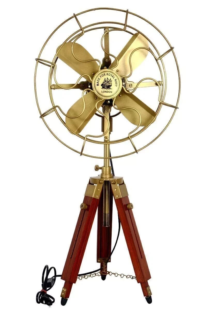 Vintage Electric Pedestal Floor Fan Antique Style With Wooden Tripod Stand