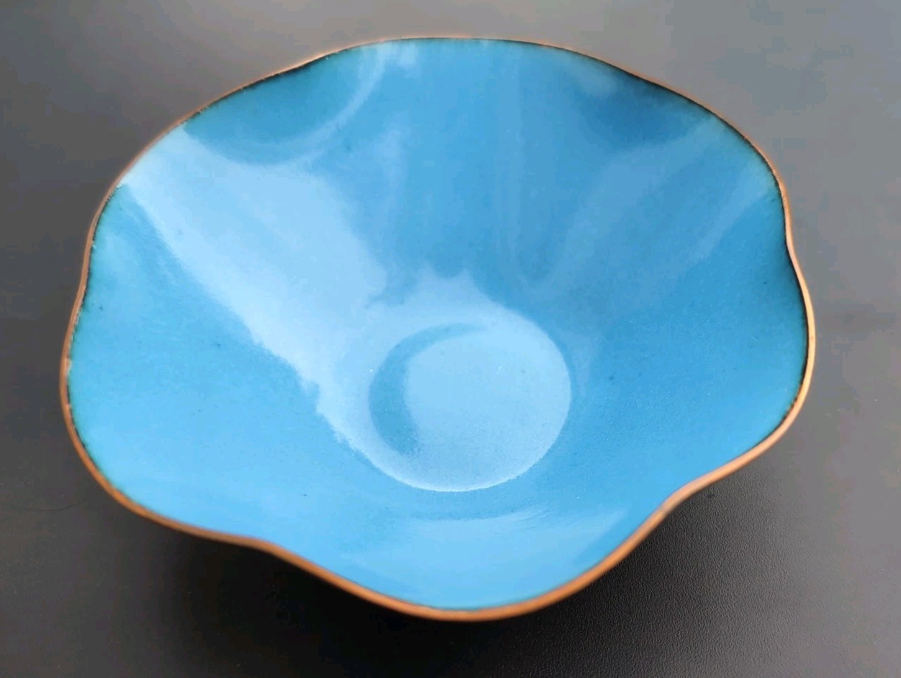 Vintage MCM Leon Statham Signed Copper Enamel Bowl Cornflower Blue 1960-70\'s