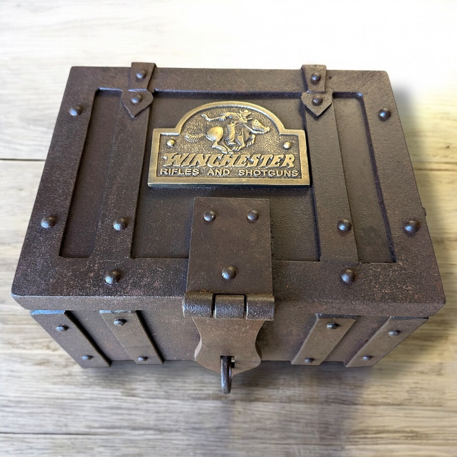 Winchester Cast Iron Strong Box Antique Finish Brass Tag Vintage Western Decor Winchester Cast Iron Strong Box Antique Finish Brass Tag Vintage Western Decor