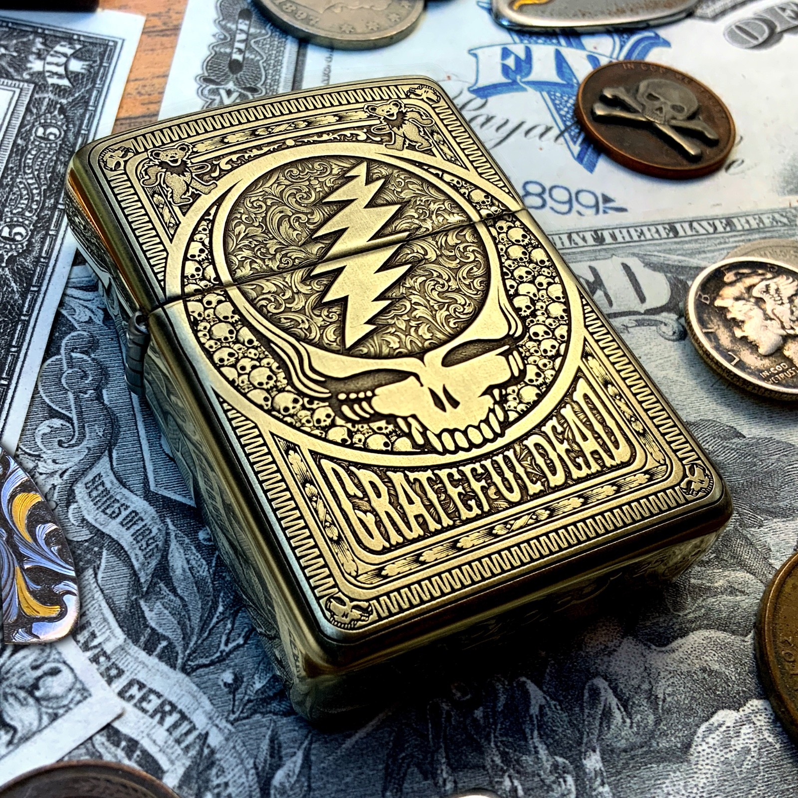 Zippo Grateful Dead Steal Your Face Engraved Brass Armor Cigarette Cigar Lighter