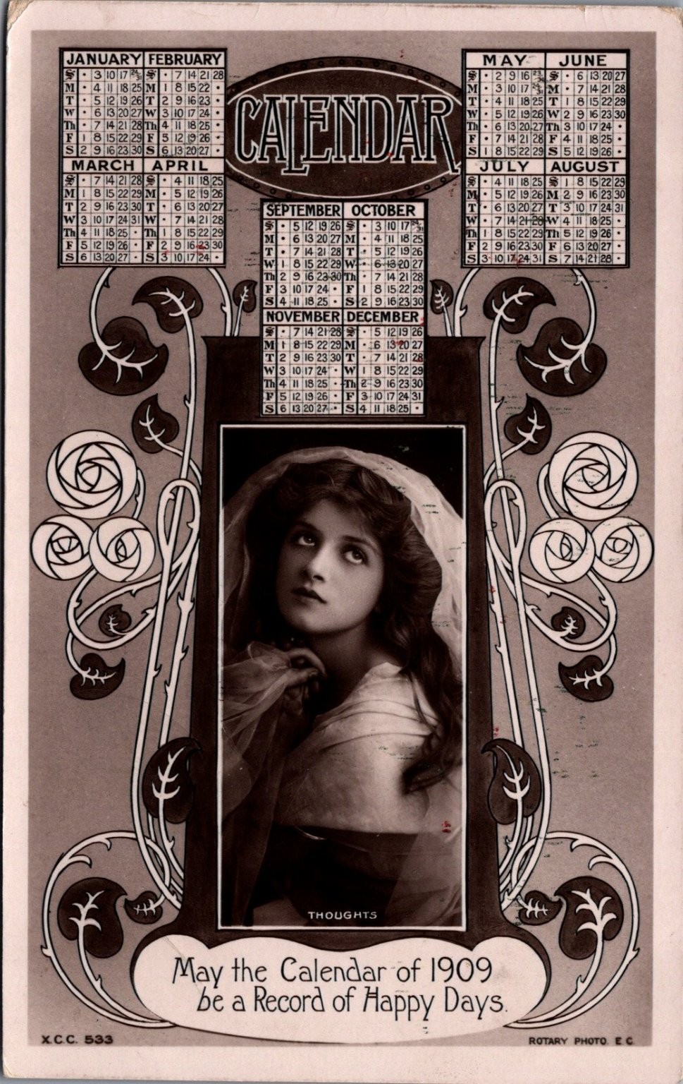 1909 Calendar Postcard Victorian Woman Portrait Rotary Photo E C 1908 Postmark