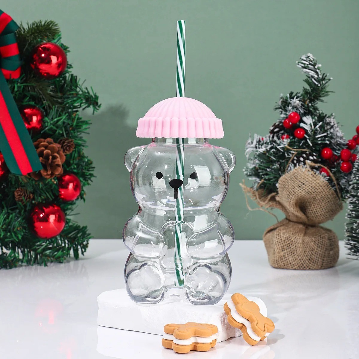 Cute Teddy Bear Plastic Cup With Lid & Straw Cold Drink Coffee Cola Milk