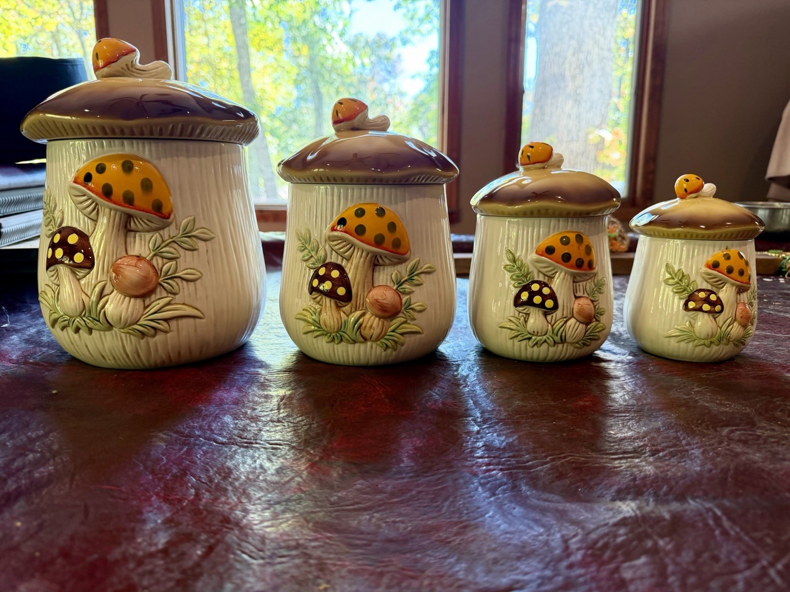 Vtg 1978 Sears 4 Merry Mushroom Canister Set Ceramic Retro Kitchy 70s Cottage Vtg 1978 Sears 4 Merry Mushroom Canister Set Ceramic Retro Kitchy 70s Cottage