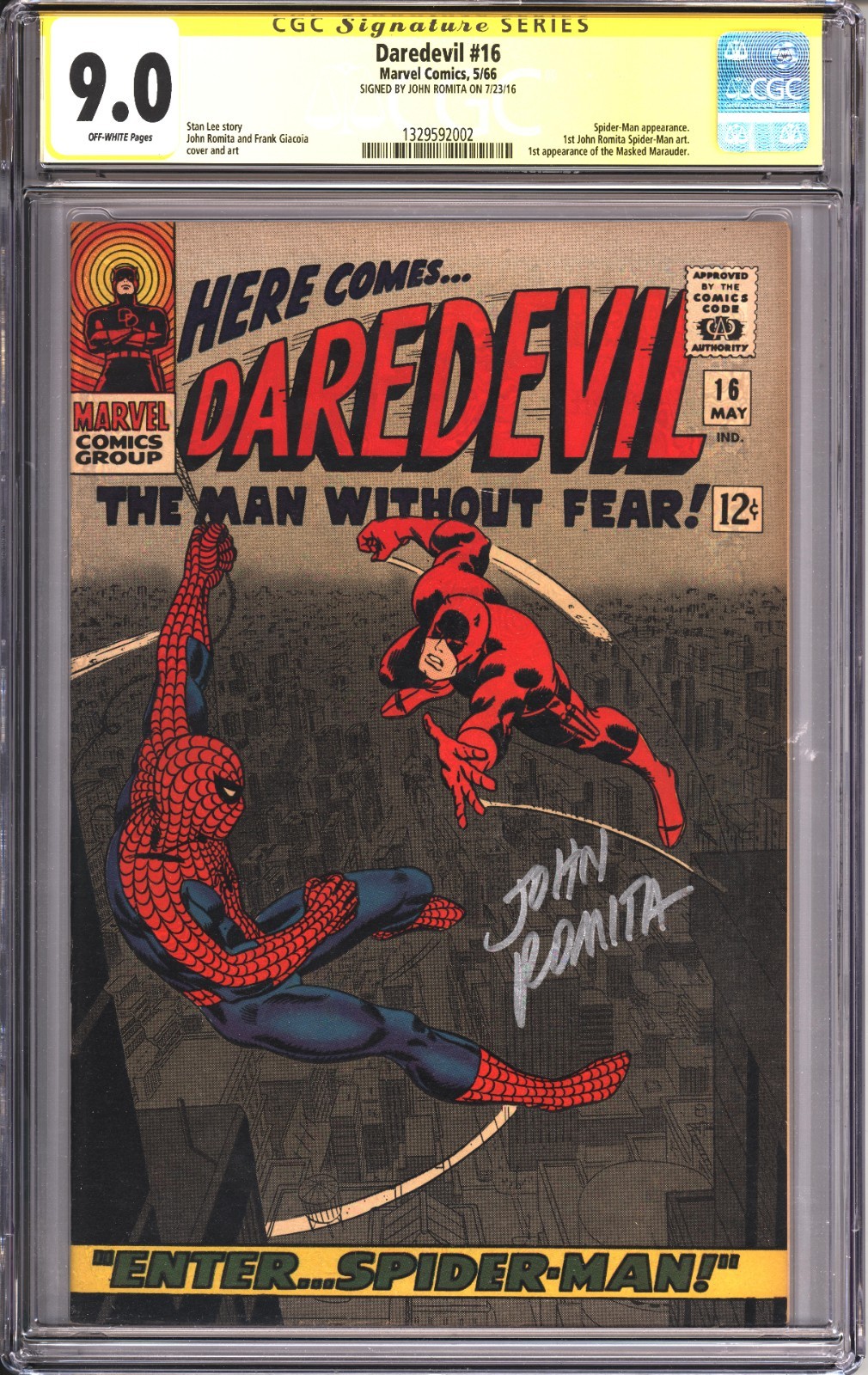 DAREDEVIL #16 CGC 9.0 FIRST ROMITA SPIDER-MAN COVER SIGNED BY JOHN ROMITA 1966