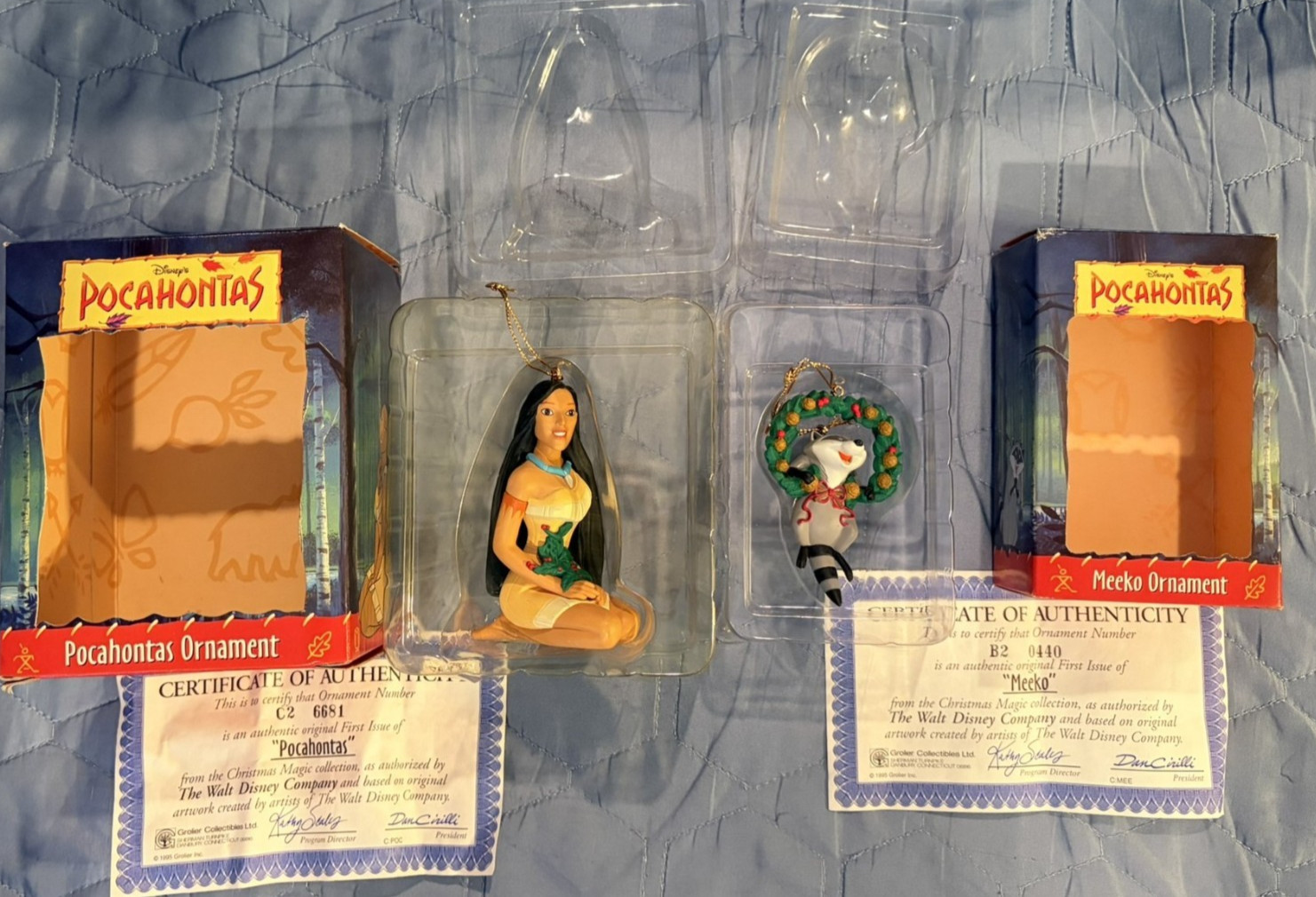 1995 Grolier Disney Pocahontas & Meeko Christmas Ornaments Lot First Issue COA