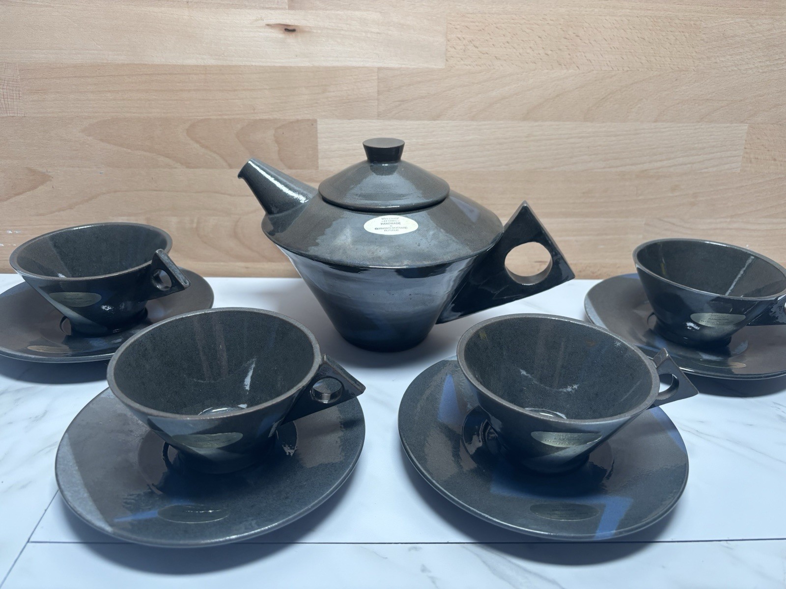 Topferhof Ceramic VTG. 1950s Communist Germany Geometric Cup And Saucer Gray