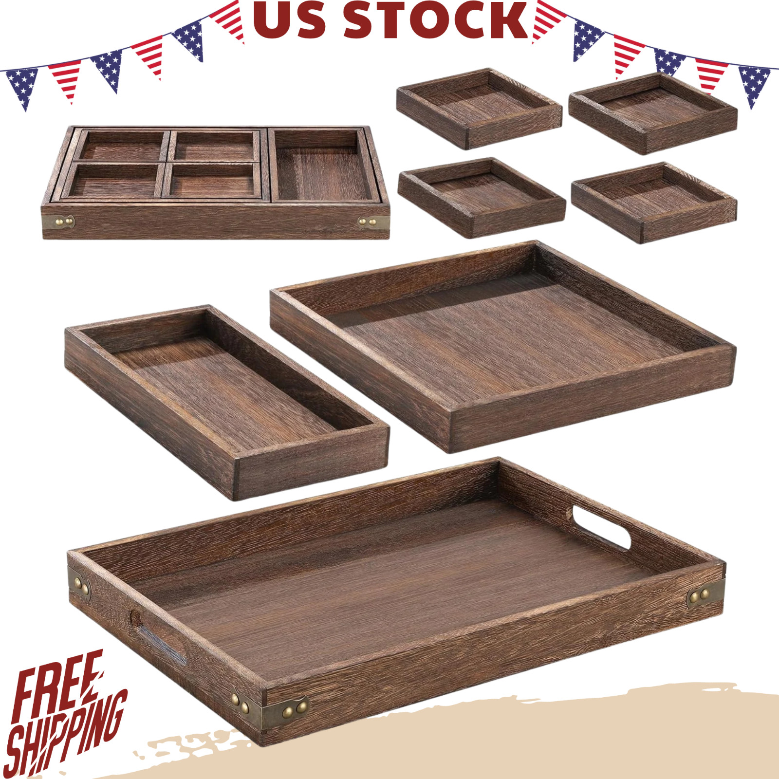 NEW 7-Piece Nesting Wood Serving Tray Set with Handles Rectangular Trays NEW 7-Piece Nesting Wood Serving Tray Set with Handles Rectangular Trays
