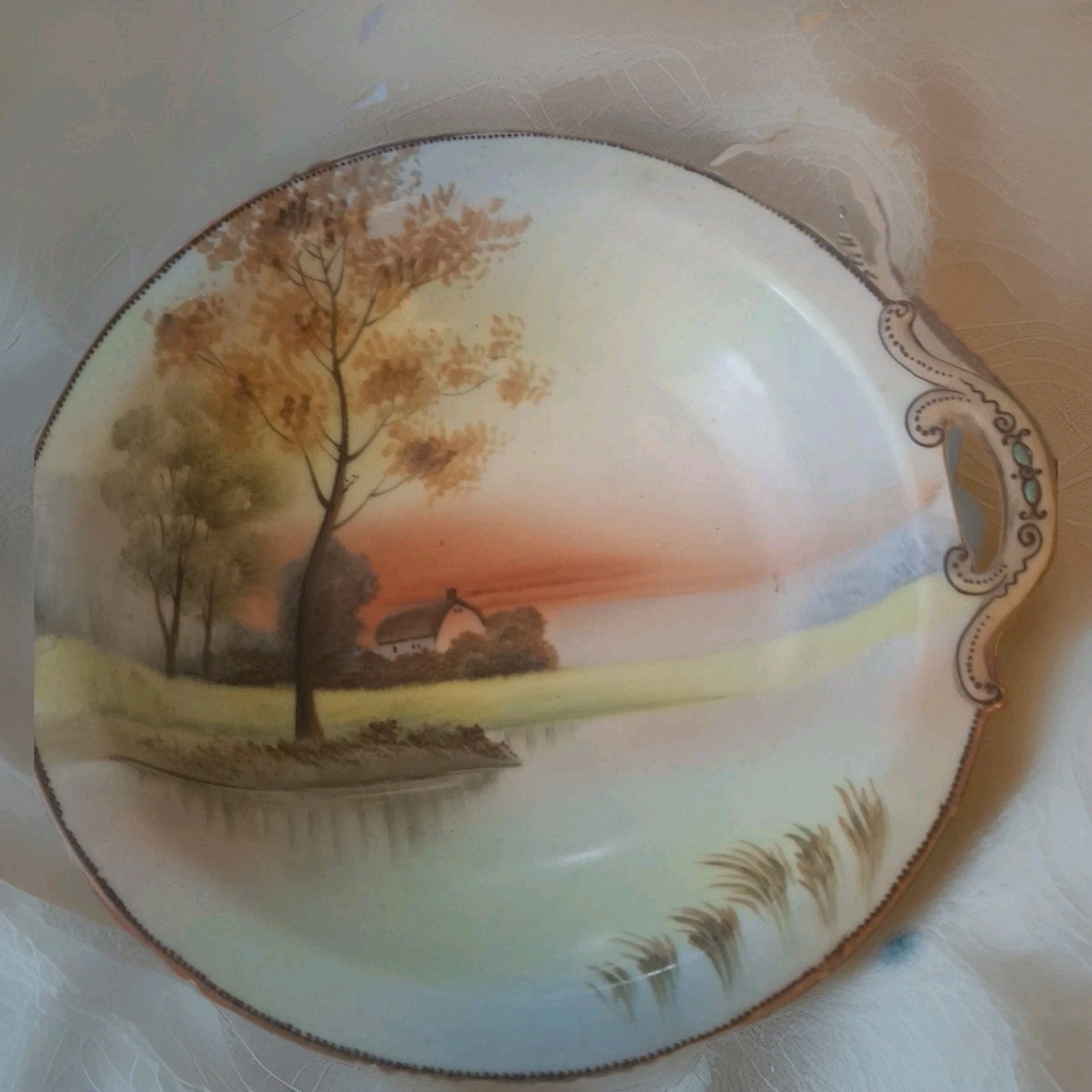 Antique Nippon  Tree in the Meadow Hand Painted Handled Candy / Relish Dish 7x7