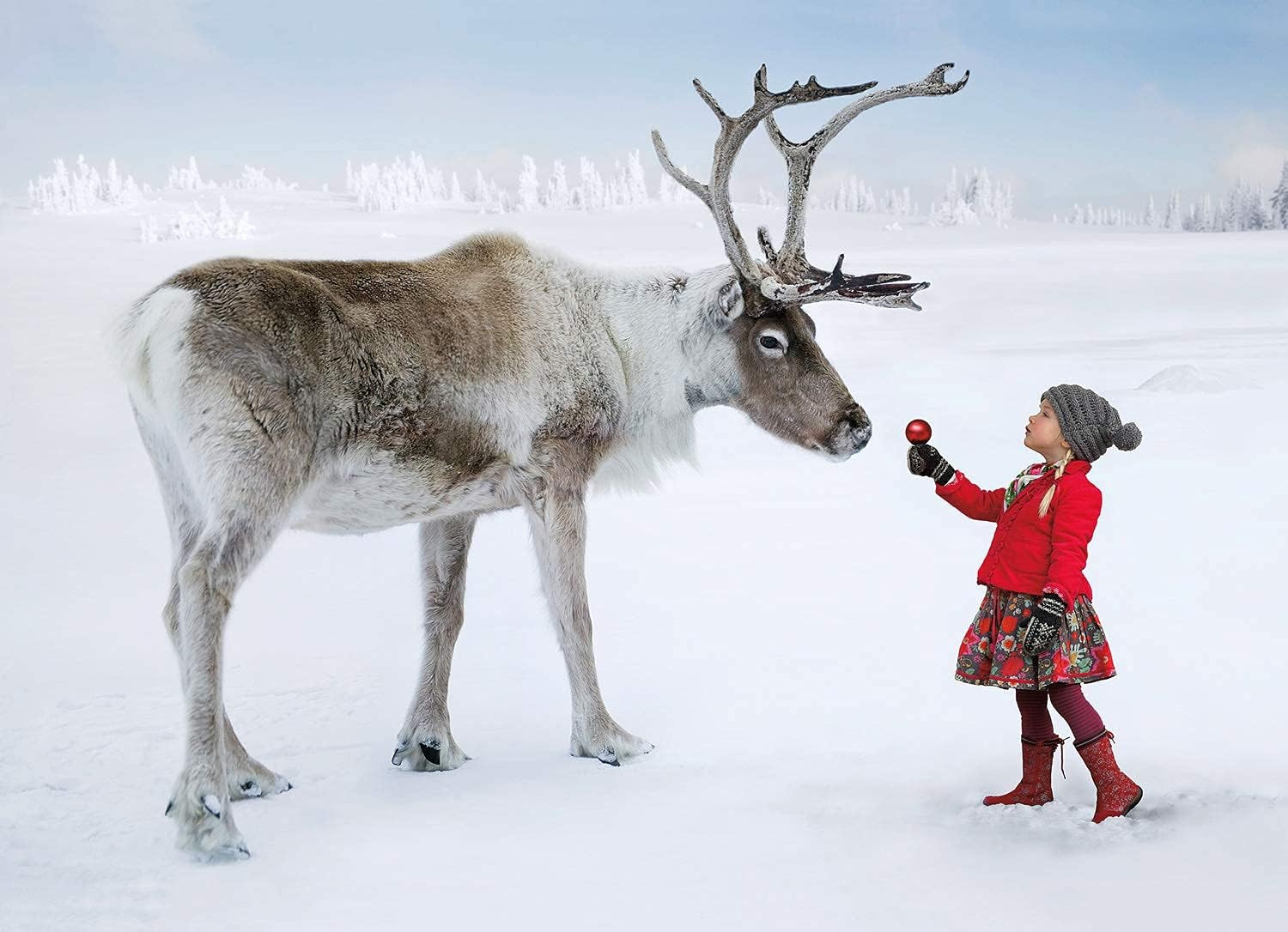 Girl and Reindeer Christmas Cards Boxed with Envelopes Set of 12 Holiday Cards a