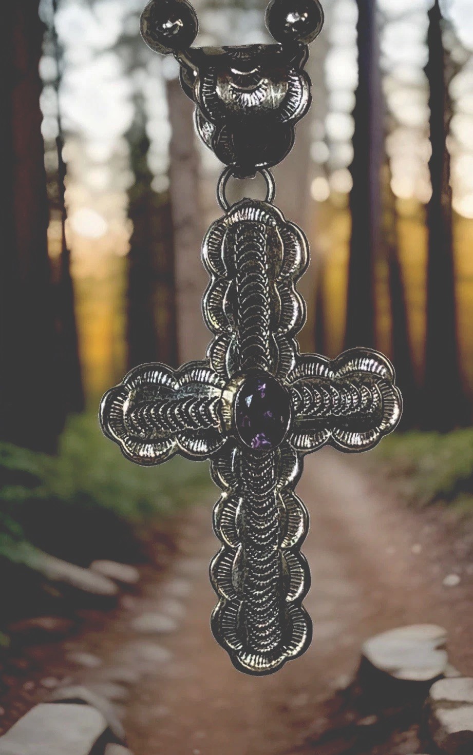 Signed Sterling 925 Amethyst Stamped Cross Pendant THE MET SS 925 Ball Beads 40g Signed Sterling 925 Amethyst Stamped Cross Pendant THE MET SS 925 Ball Beads 40g