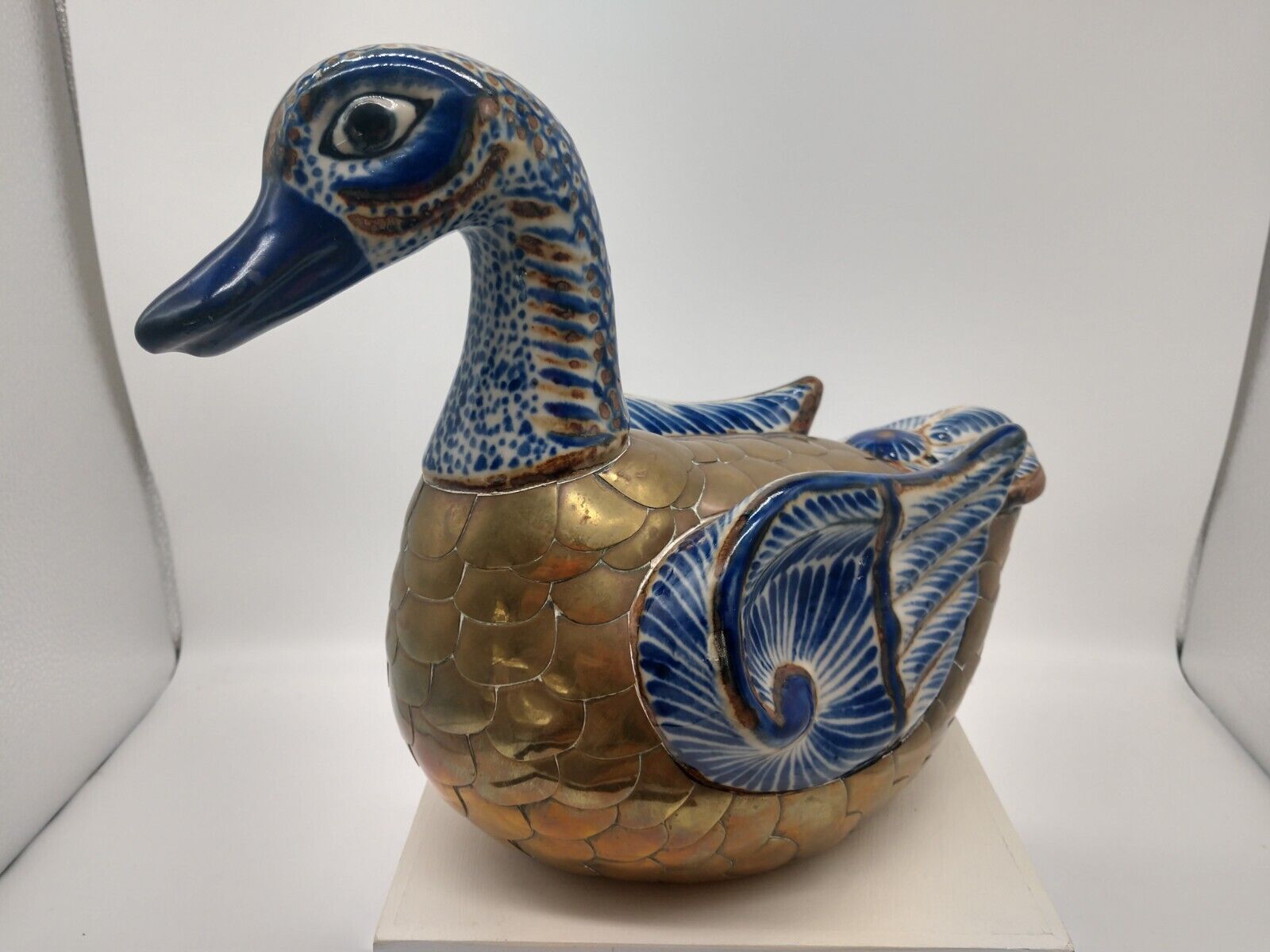 Vintage Mexican Tonala Duck Hand Painted Glazed Ceramic Pottery Brass Bird