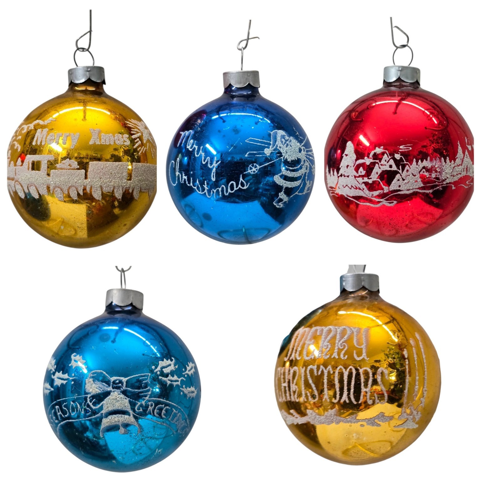 Vintage Franke Glass Christmas Ornaments Lot of 5 USA Merry Xmas Mica Stenciled Vintage Franke Glass Christmas Ornaments Lot of 5 USA Merry Xmas Mica Stenciled