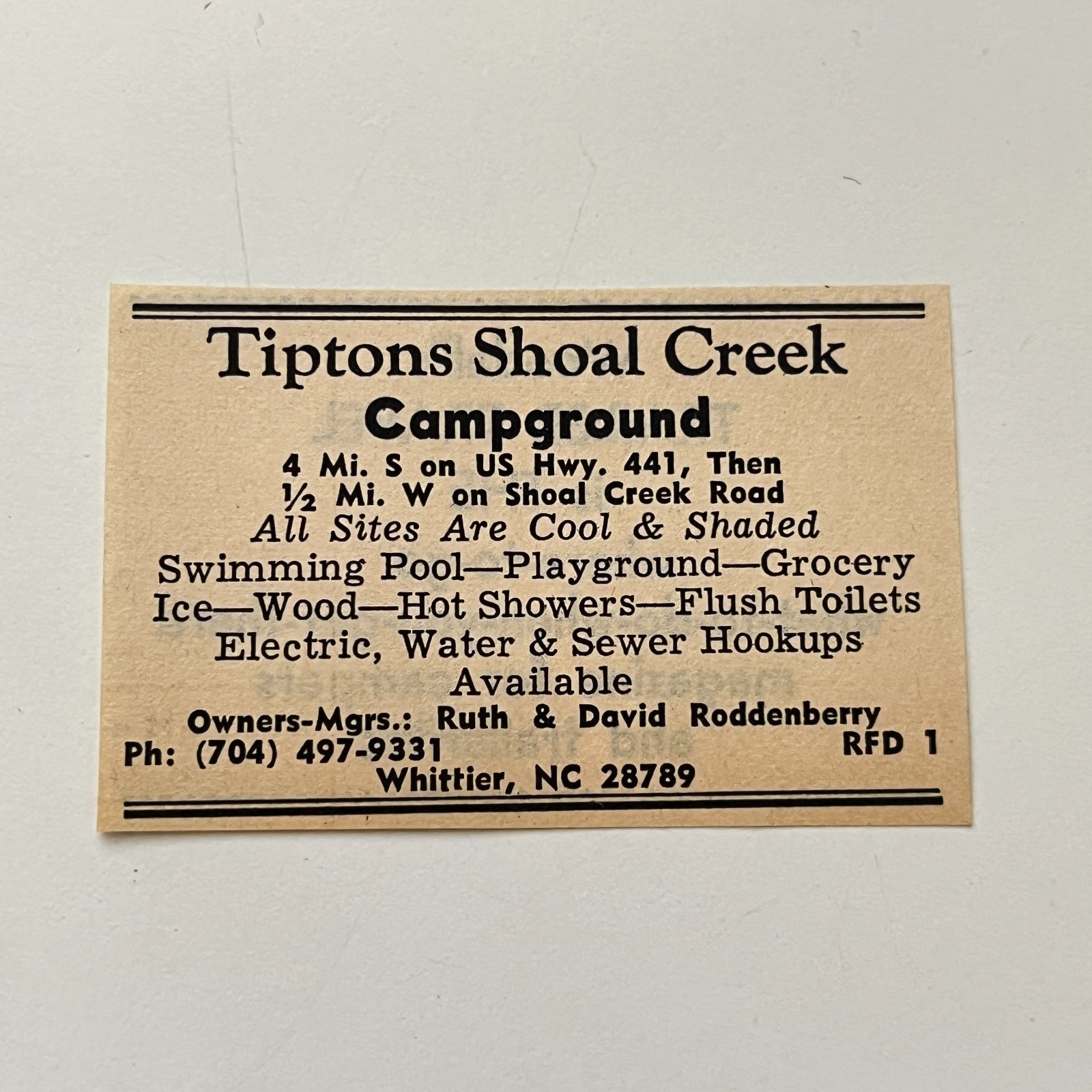 Tiptons Shoal Creek Campground Ruth & David Roddenberry NC 1974 Ad TAK6-S81