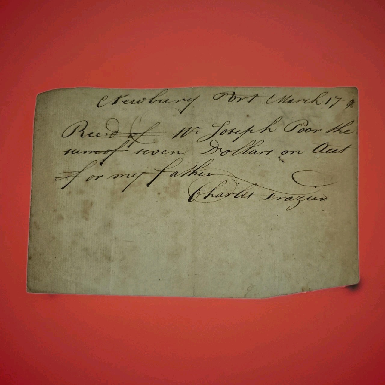 1796 Newburyport MA Manuscript Receipt Charles Frazier Joseph Poor Revolutionary