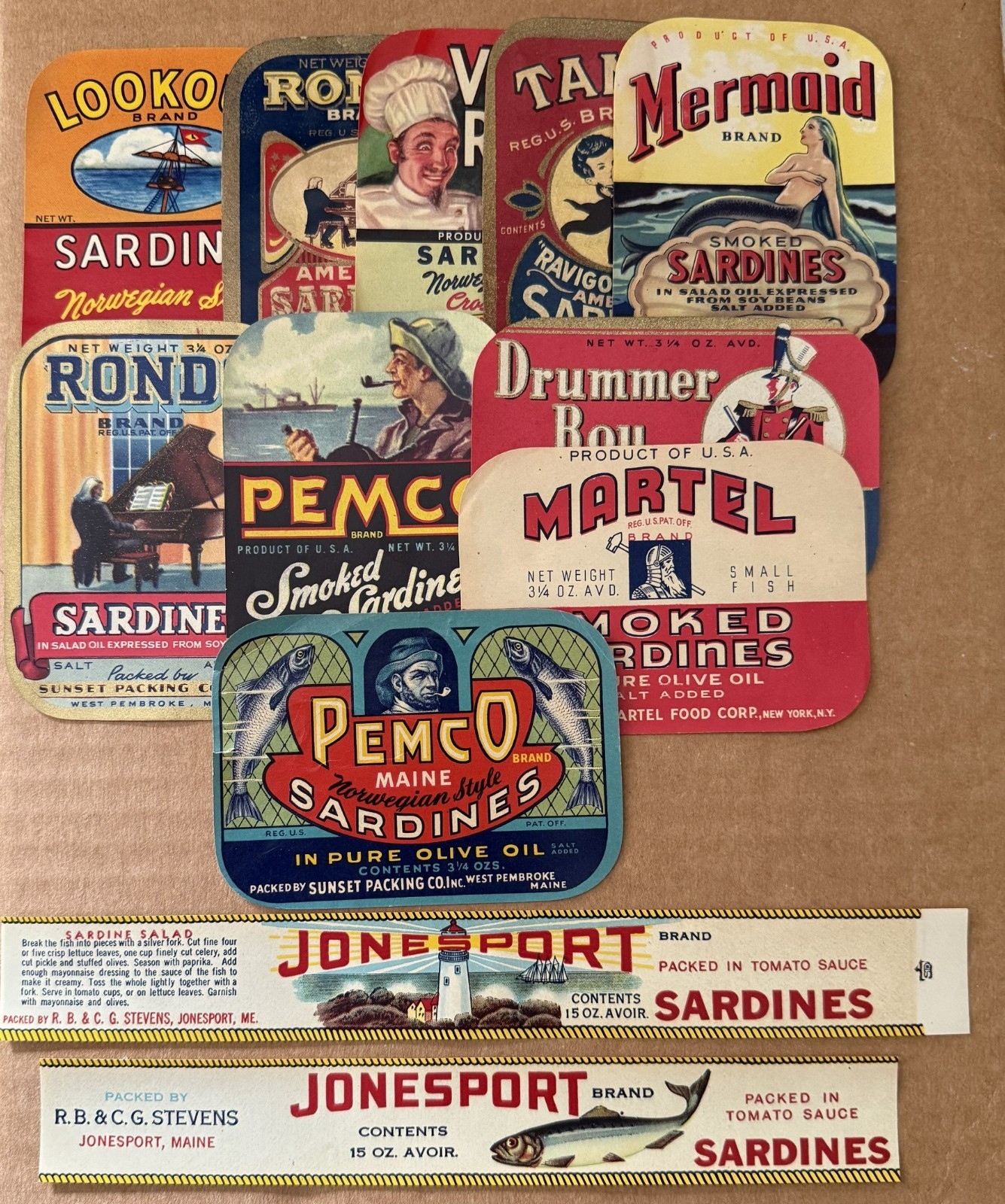 1940-50 Lot of 12 Sardine Label. Superb Mermaid Label. Most are from Maine. NOS