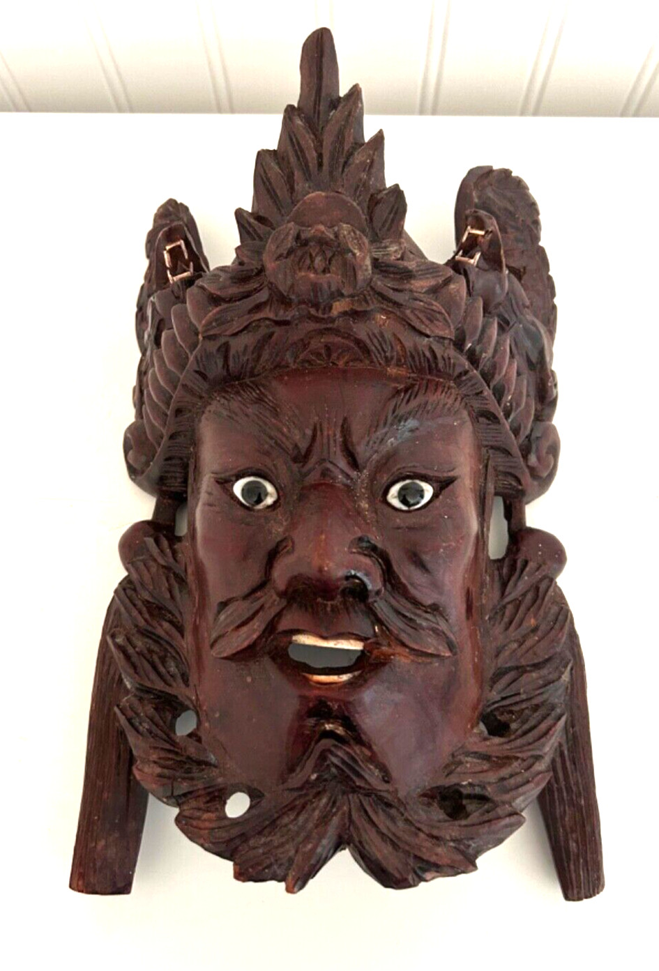 Vintage hand wood carved Mongolian Chief Warrior Headress Mask 10-1/4