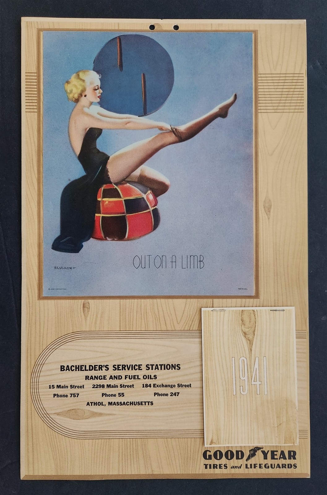 1941 vintage PINUP GIRL elvegren CALENDAR athol ma BACHELDER SERVICE STATION