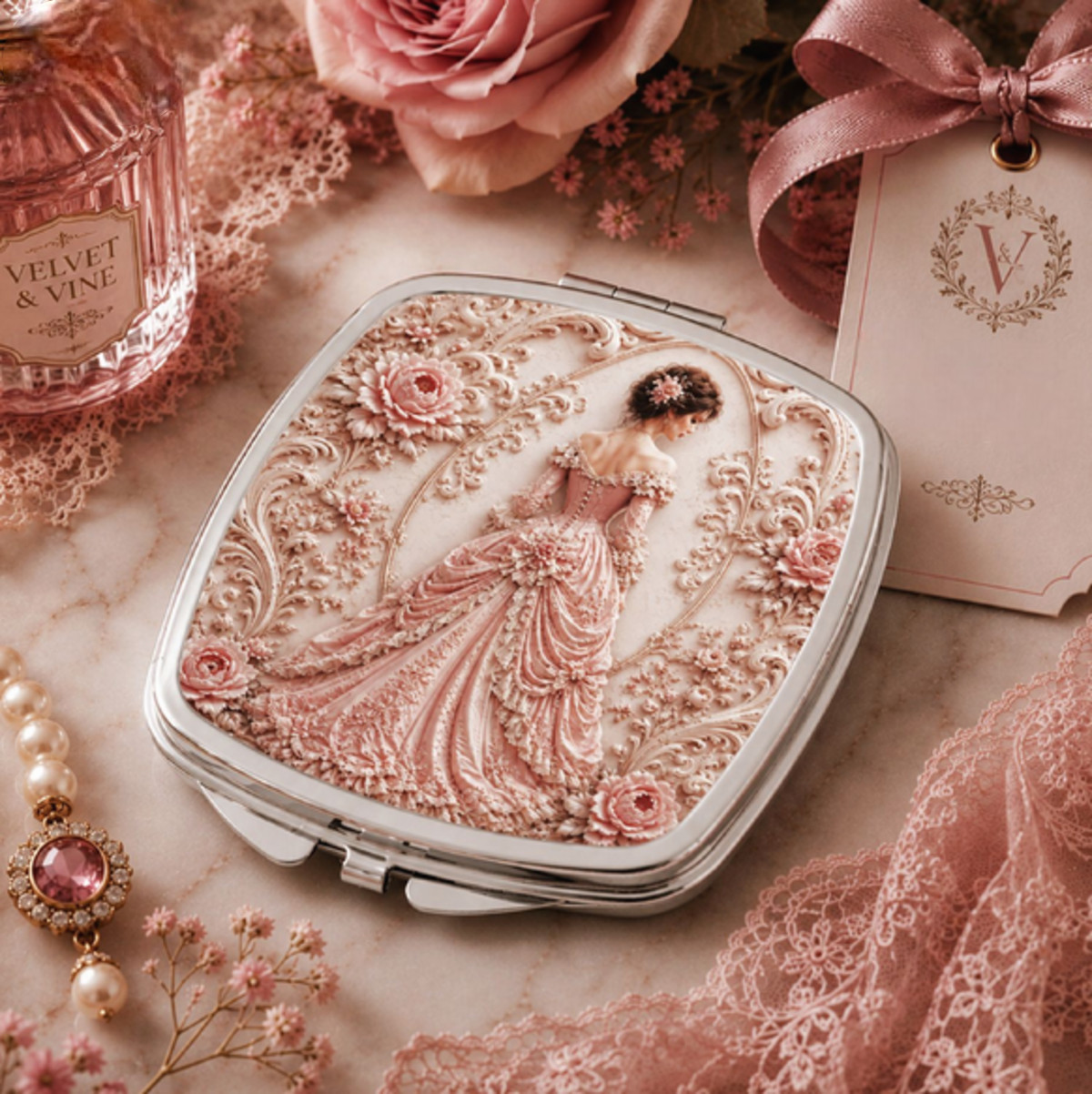 Victorian Rose Compact Mirror Romantic Pink Pocket Mirror Vintage Make Up Gift