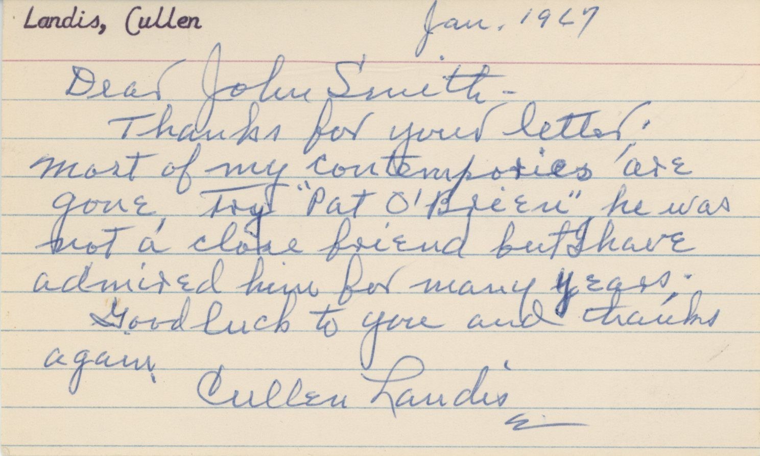 Cullen Landis- Signed Handwritten Note Cullen Landis- Signed Handwritten Note