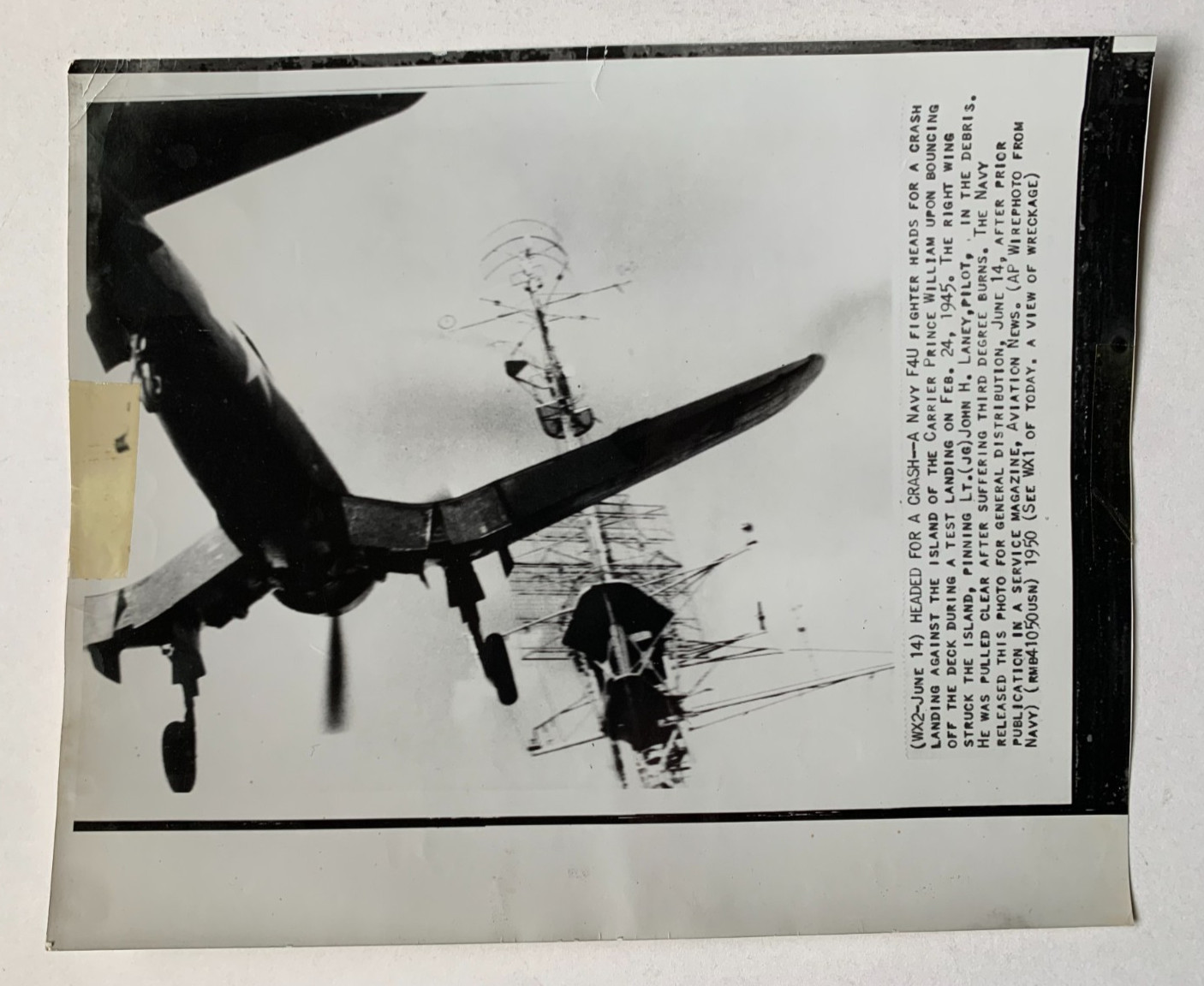 Vtg AP Wire Photo Navy F4U fighter plane headed for crash landing, June 14, 1950
