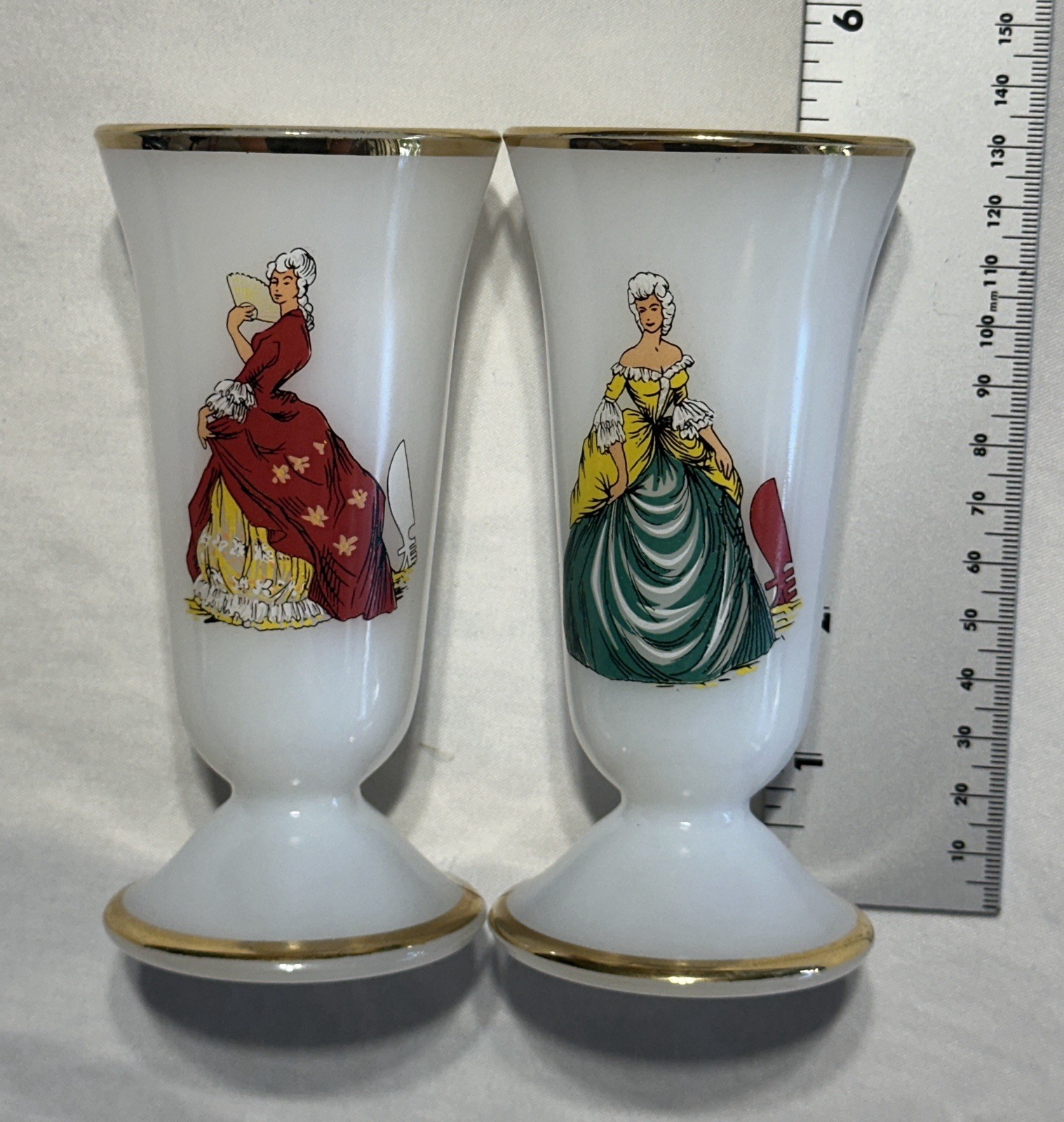 Pair of Vintage French Mazagran Cups Milk Glass Gold Rim Colonial Women 6 Inch