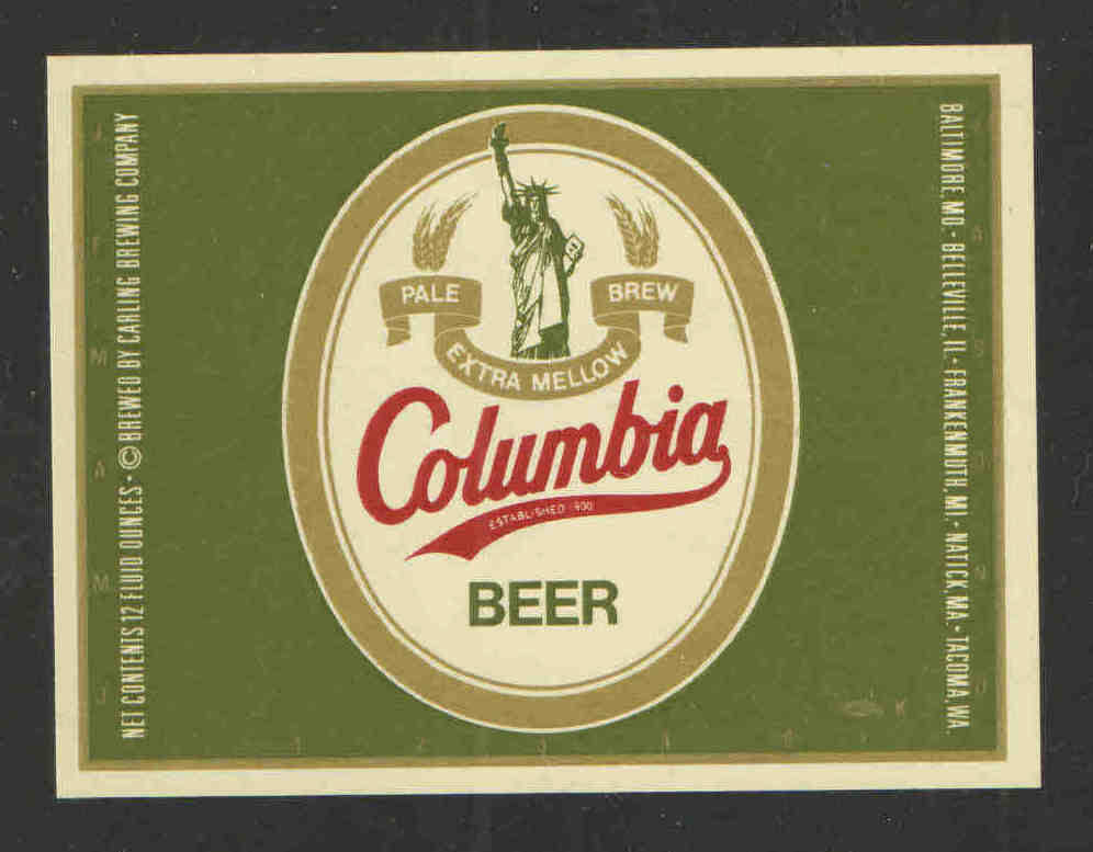 1980s COLUMBIA 12 OZ BEER BOTTLE LABEL CARLING BREWING CO - UNUSED