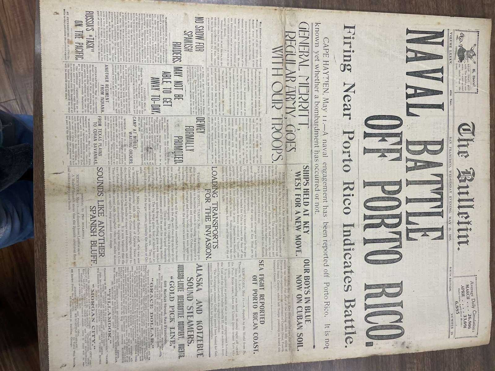 1898 San Francisco Bulletin Newspaper May 11 | “Naval Battle of Porto Rico” 