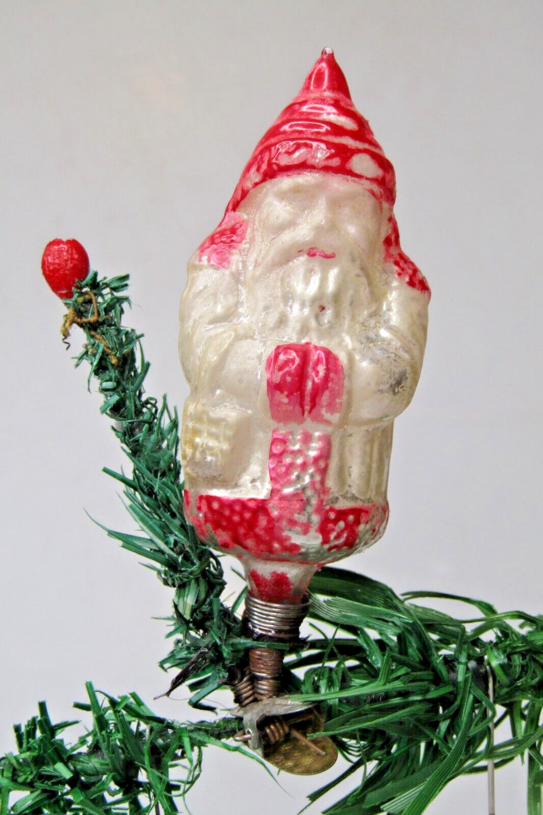 Antique Vintage Glass SANTA w Feather TREE Clip On Christmas Ornament Germany